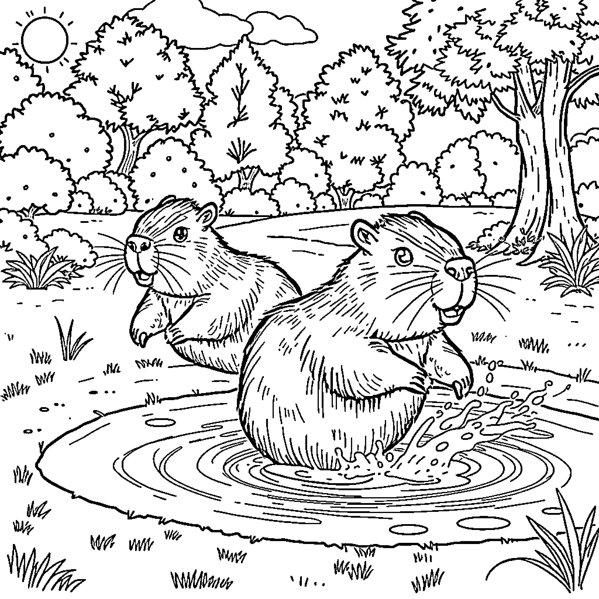 Capybaras relaxing in the forest stream Coloring Page (free black-and-white line drawing printable PDF for all, from beginners to advanced learners, including children, teens, adults, and seniors)
