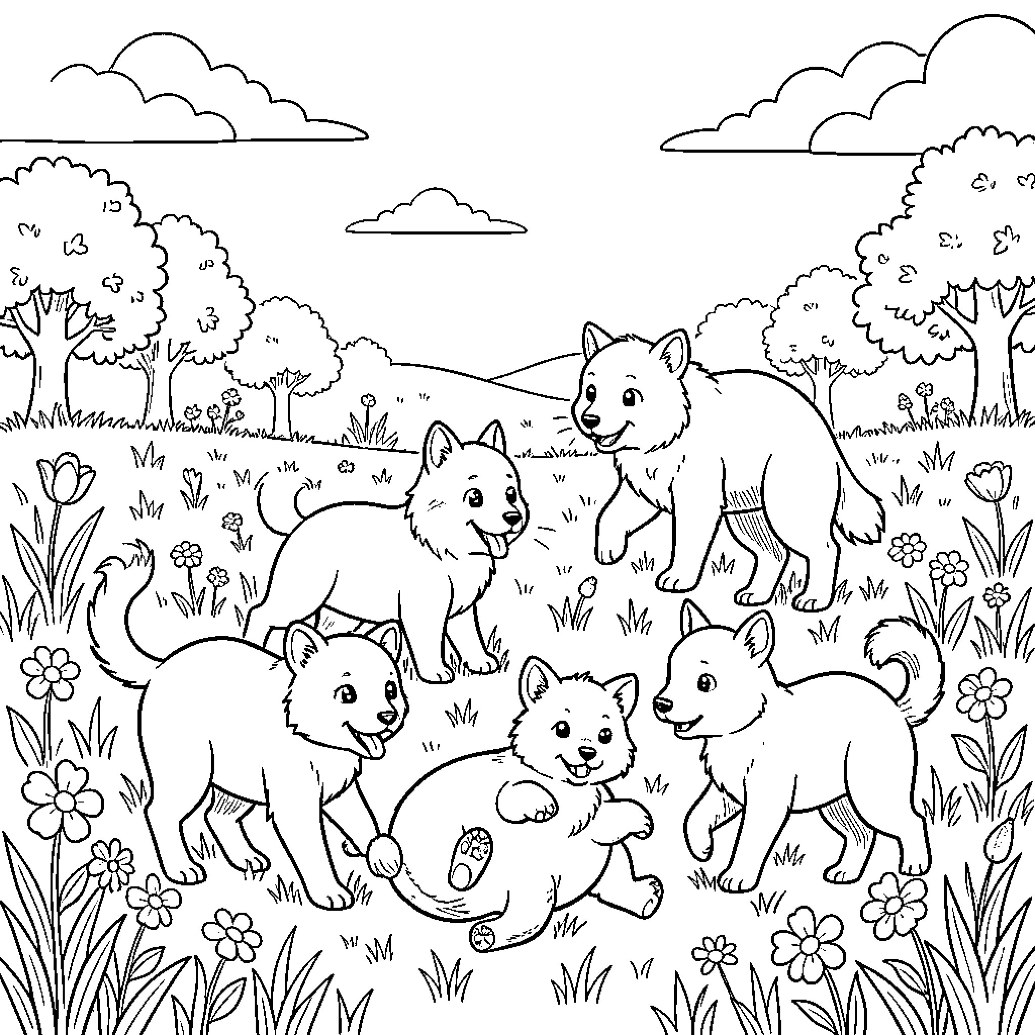 Animal Family Frolicking in Nature Coloring Page (free black-and-white line drawing printable PDF for all, from beginners to advanced learners, including children, teens, adults, and seniors)