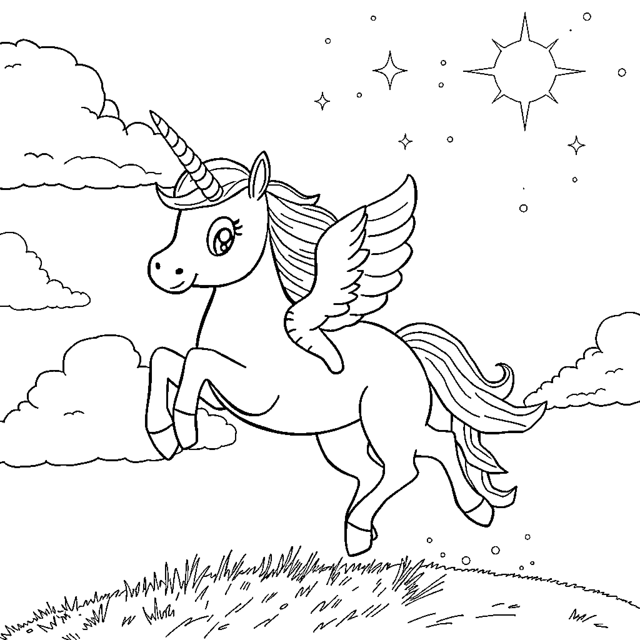 Labubu the winged unicorn in a starry night sky Coloring Page (free black-and-white line drawing printable PDF for all, from beginners to advanced learners, including children, teens, adults, and seniors)