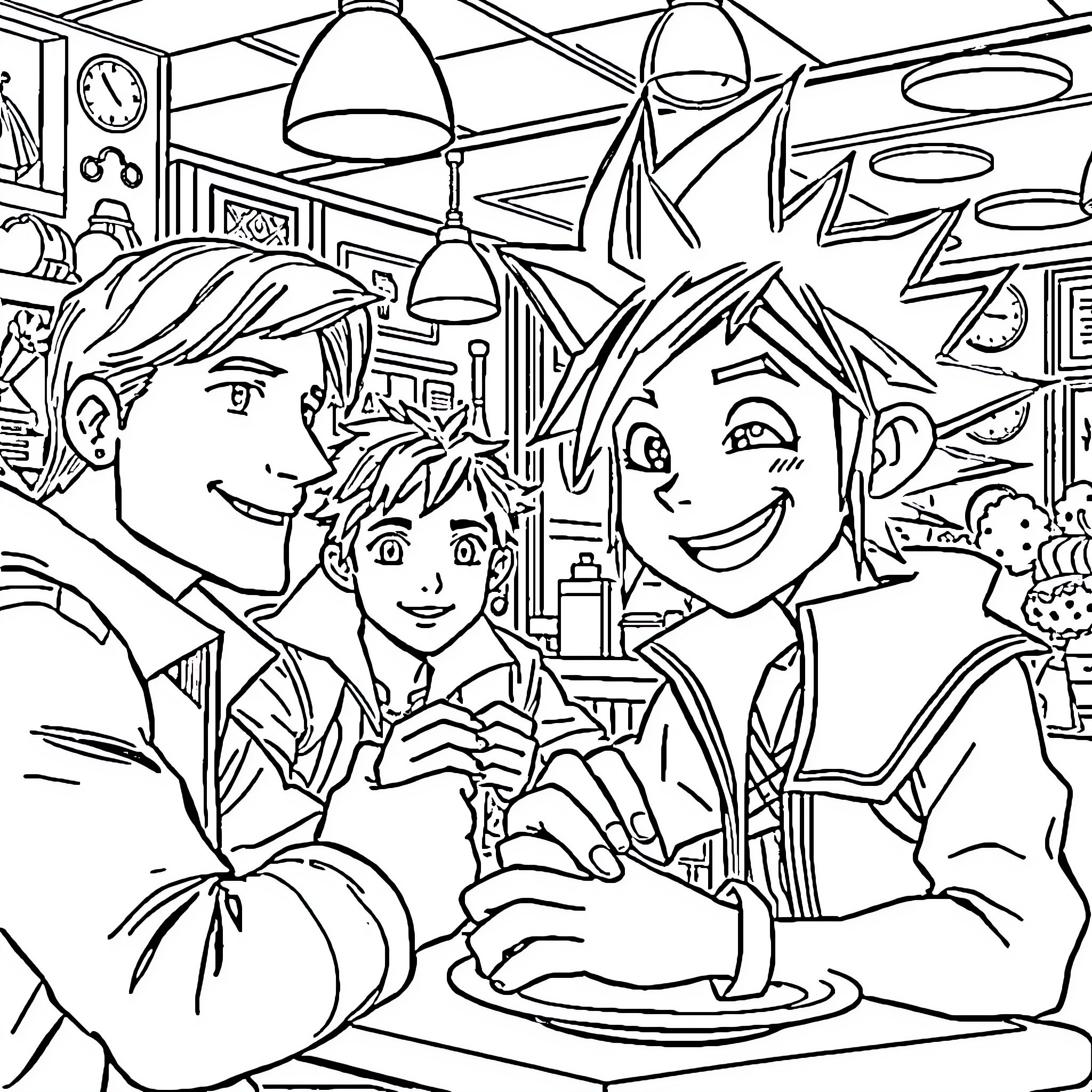 Sora and friends enjoy a casual meal together Coloring Page (free black-and-white line drawing printable PDF for all, from beginners to advanced learners, including children, teens, adults, and seniors)