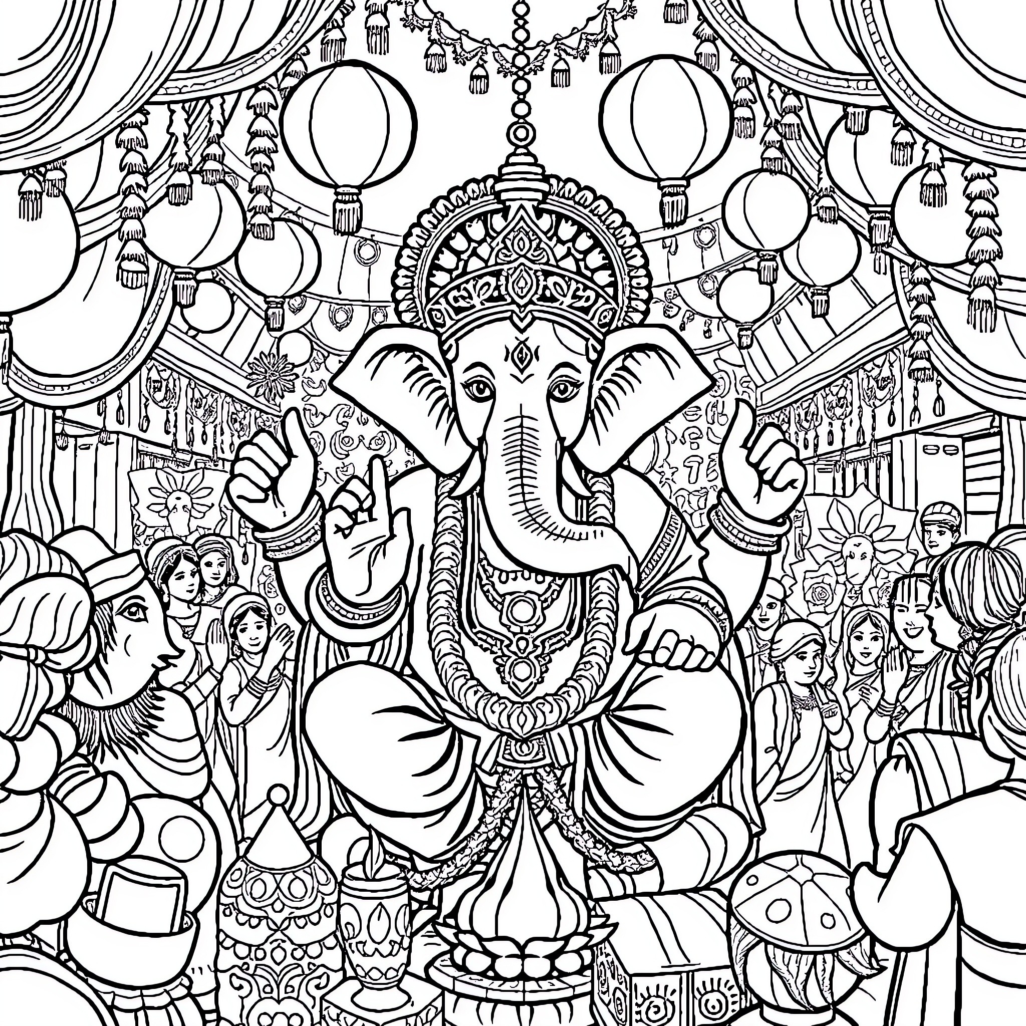 Ganesh Celebration with Ornate Decorations and Festive Crowd Coloring Page (free black-and-white line drawing printable PDF for all, from beginners to advanced learners, including children, teens, adults, and seniors)