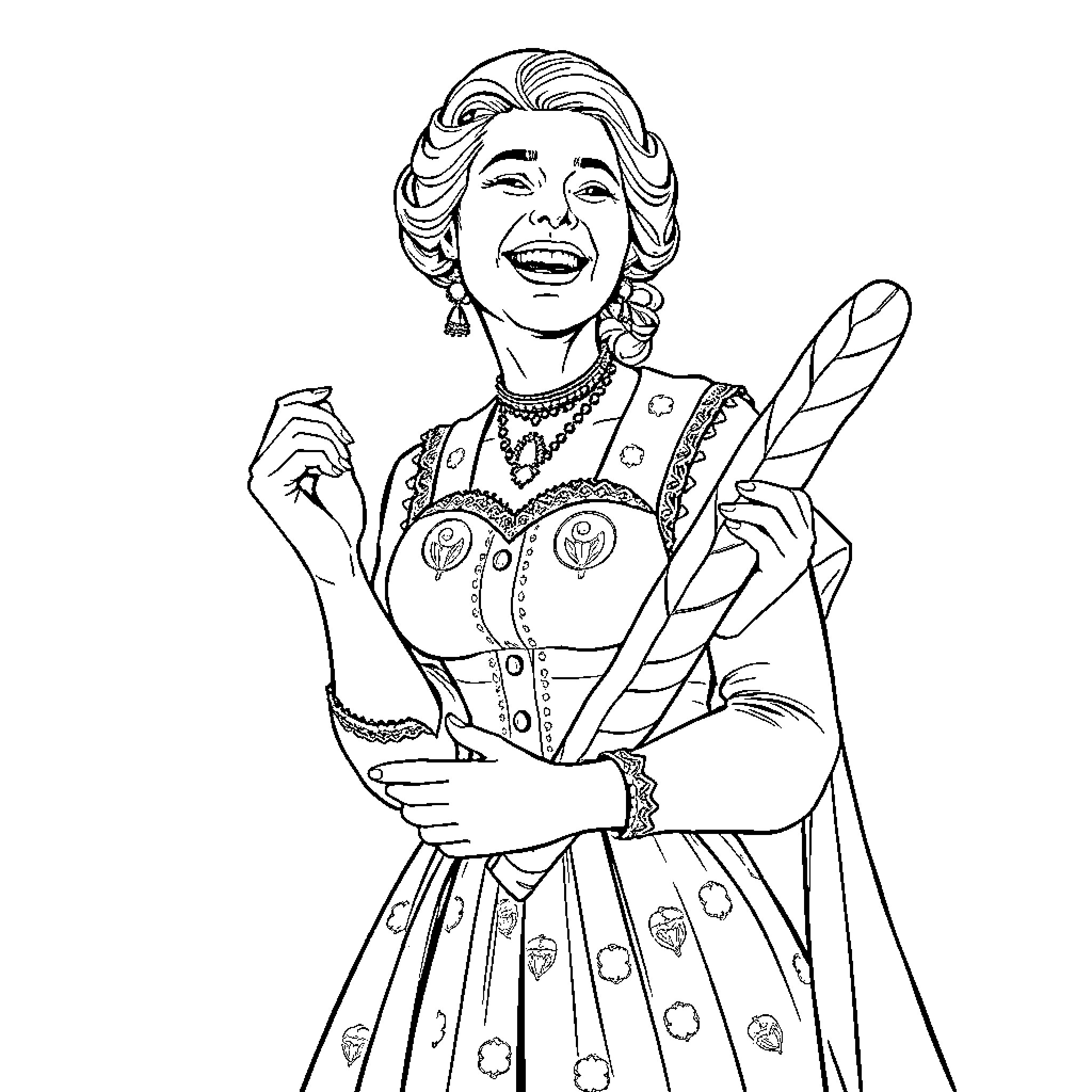 Lady Dimitrescu in a joyful and ornate outfit Coloring Page (free black-and-white line drawing printable PDF for all, from beginners to advanced learners, including children, teens, adults, and seniors)