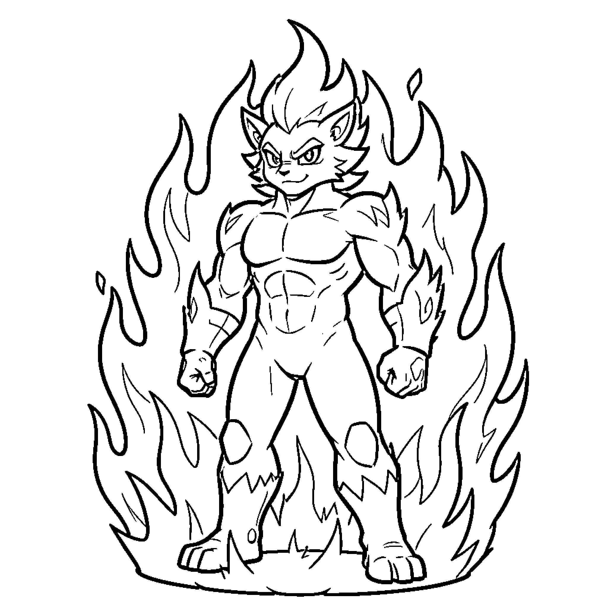 Blaze muscular anthropomorphic creature standing amidst intense flames Coloring Page (free black-and-white line drawing printable PDF for all, from beginners to advanced learners, including children, teens, adults, and seniors)