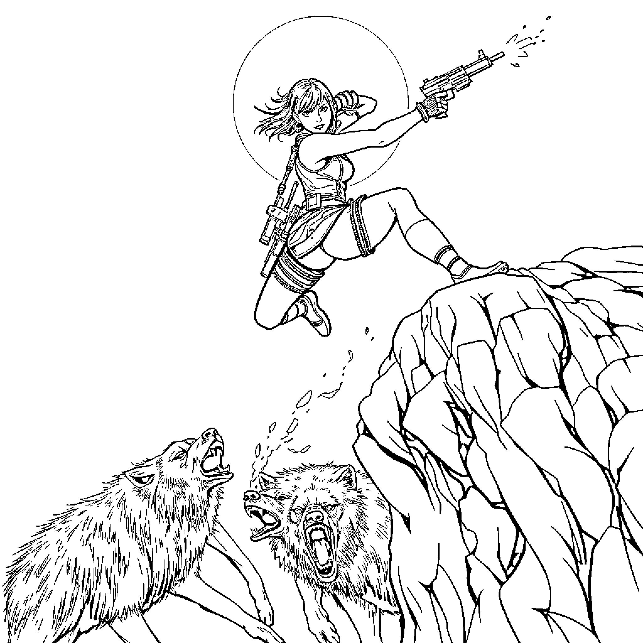 Lara Croft Battles Ferocious Wolves Coloring Page (free black-and-white line drawing printable PDF for all, from beginners to advanced learners, including children, teens, adults, and seniors)