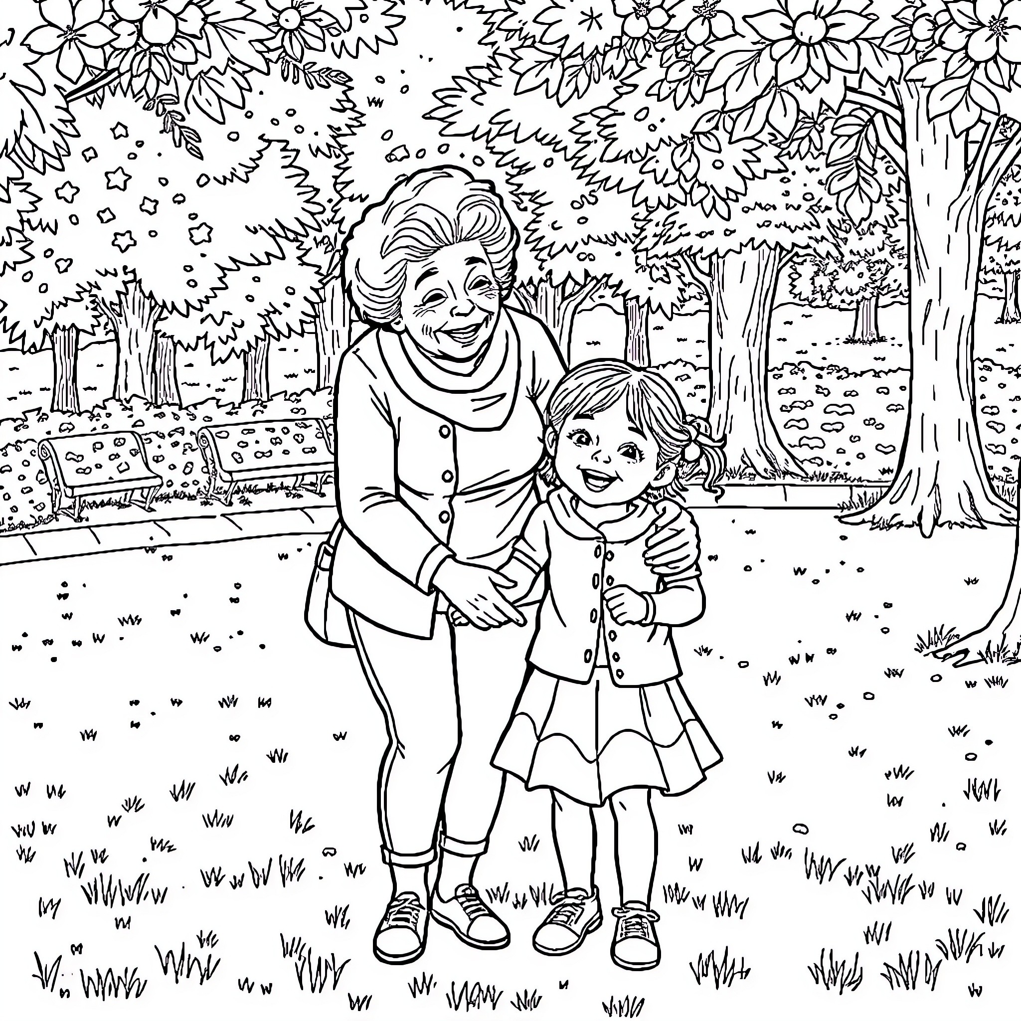 Grandmother and granddaughter enjoying a park walk together Coloring Page (free black-and-white line drawing printable PDF for all, from beginners to advanced learners, including children, teens, adults, and seniors)