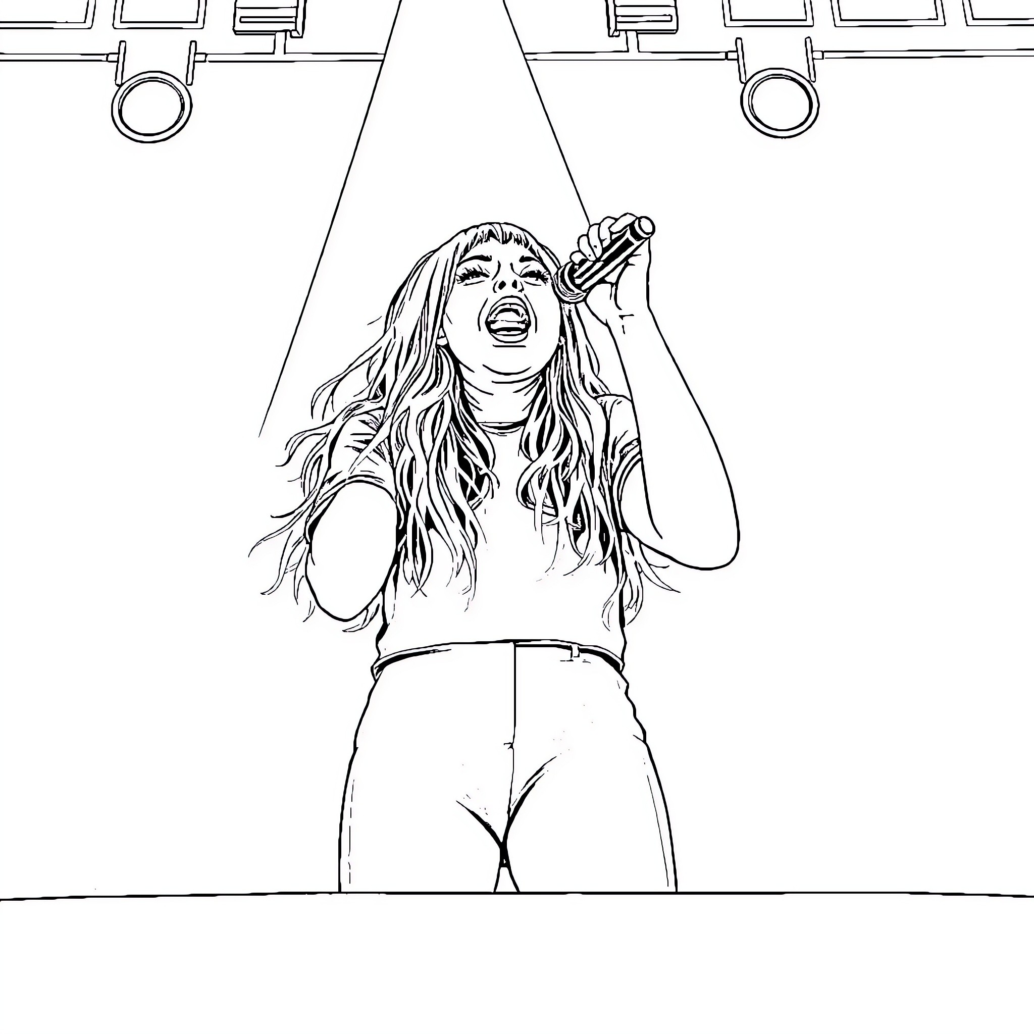Billie Eilish Performing Passionately on Stage Coloring Page (free black-and-white line drawing printable PDF for all, from beginners to advanced learners, including children, teens, adults, and seniors)