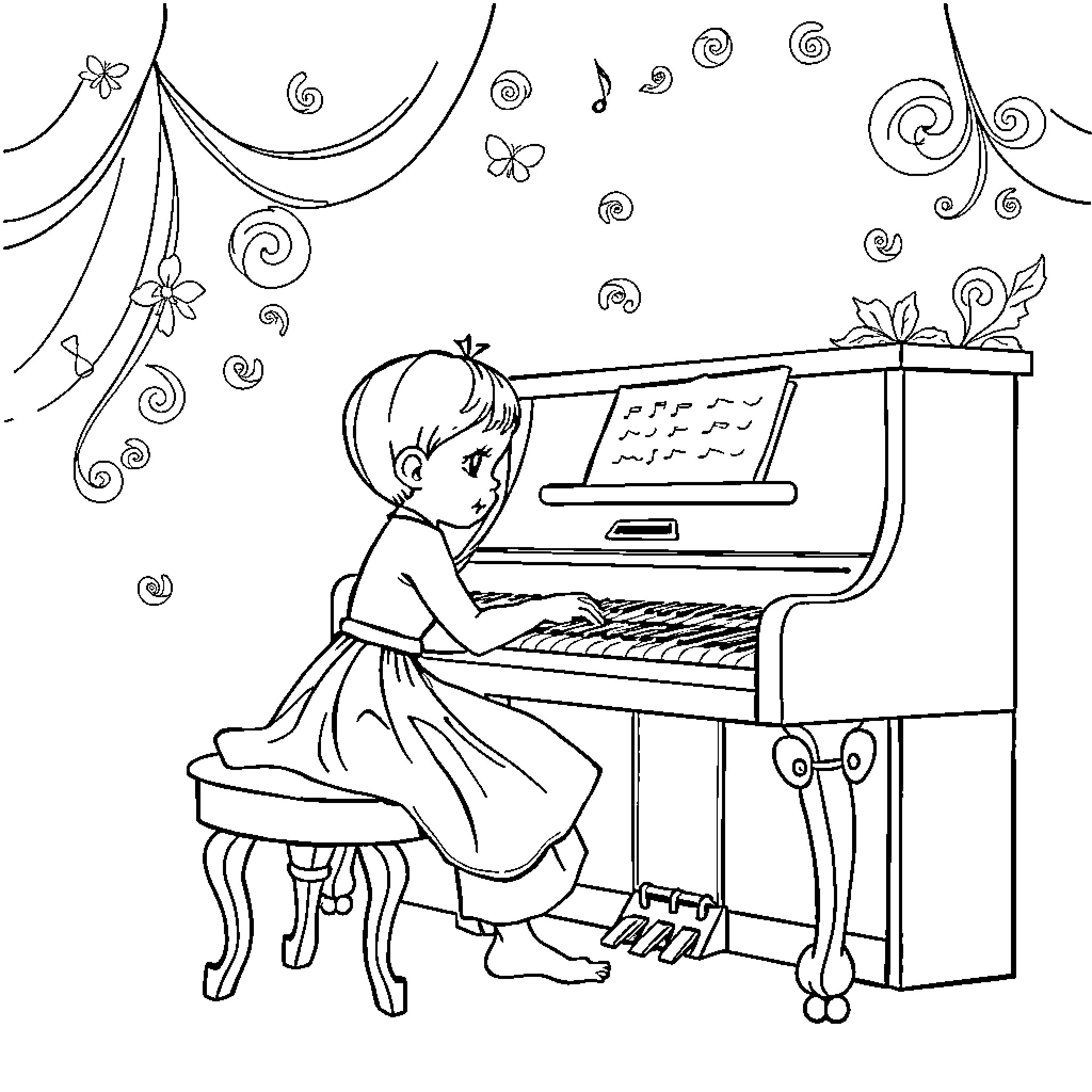 Piano player in a whimsical setting Coloring Page (free black-and-white line drawing printable PDF for all, from beginners to advanced learners, including children, teens, adults, and seniors)