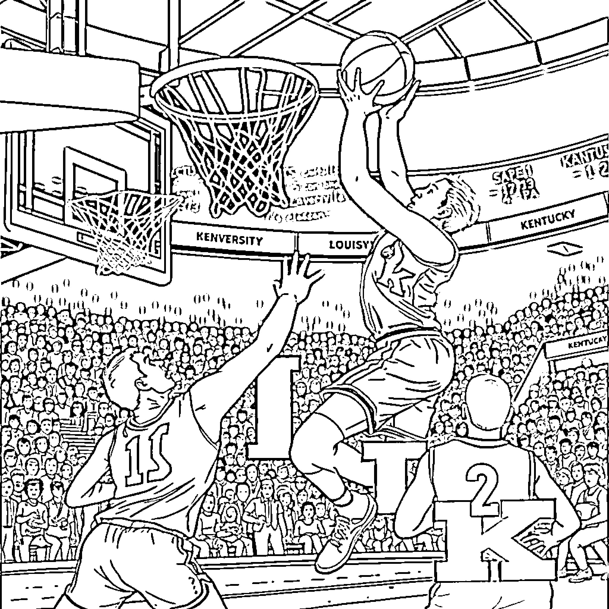 University Basketball Players Competing in Intense Game Coloring Page (free black-and-white line drawing printable PDF for all, from beginners to advanced learners, including children, teens, adults, and seniors)