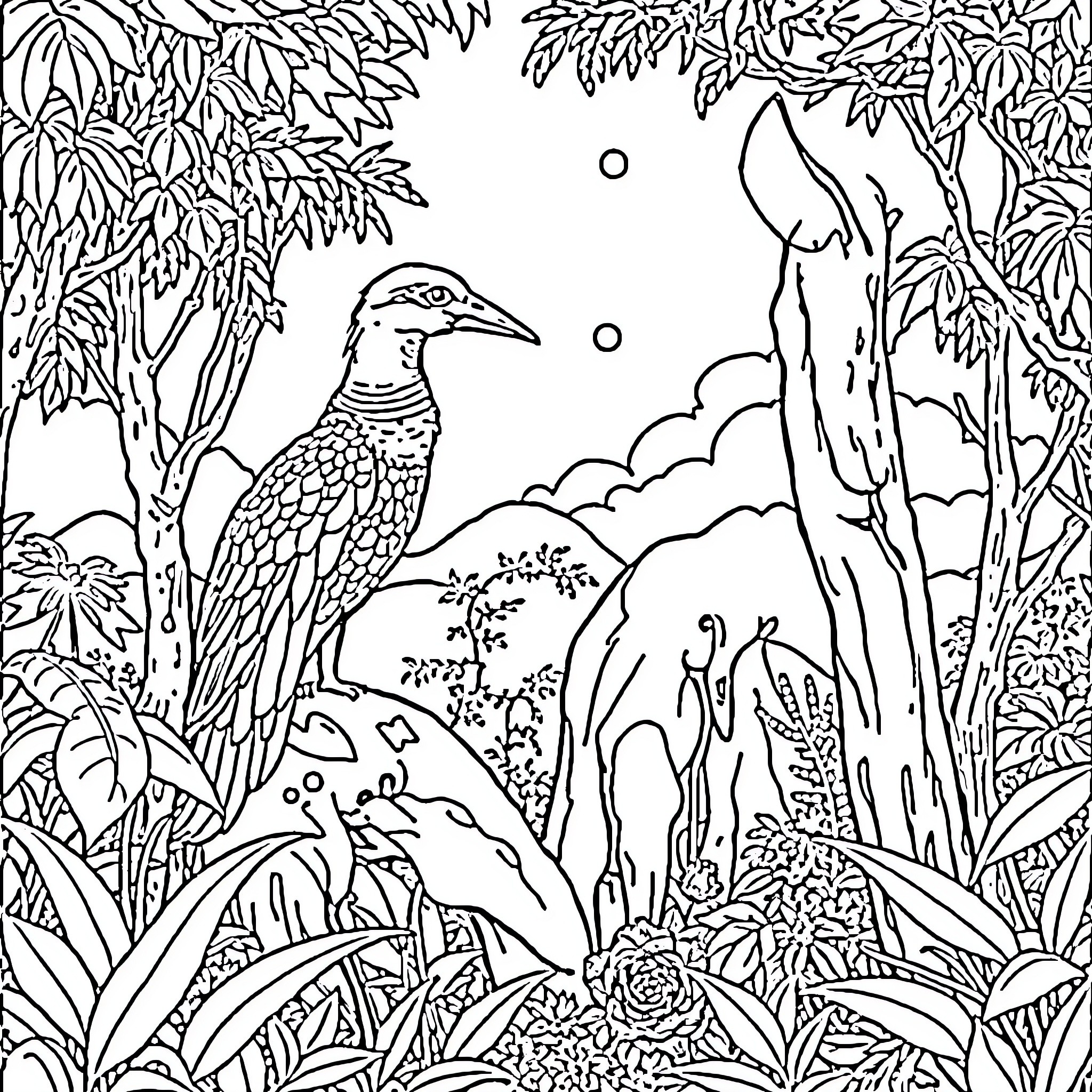 Wolf hunting in the dense forest Coloring Page (free black-and-white line drawing printable PDF for all, from beginners to advanced learners, including children, teens, adults, and seniors)
