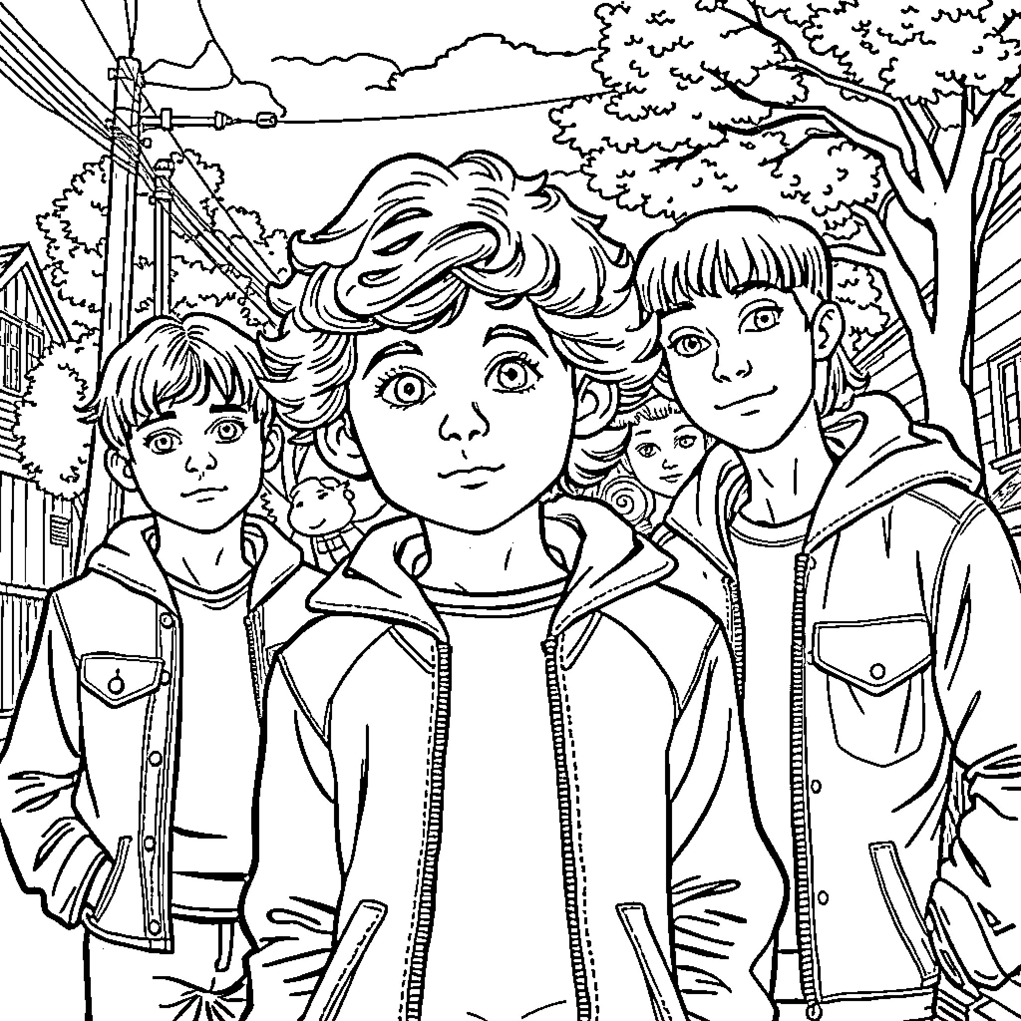 Mike and his friends explore the neighborhood Coloring Page (free black-and-white line drawing printable PDF for all, from beginners to advanced learners, including children, teens, adults, and seniors)