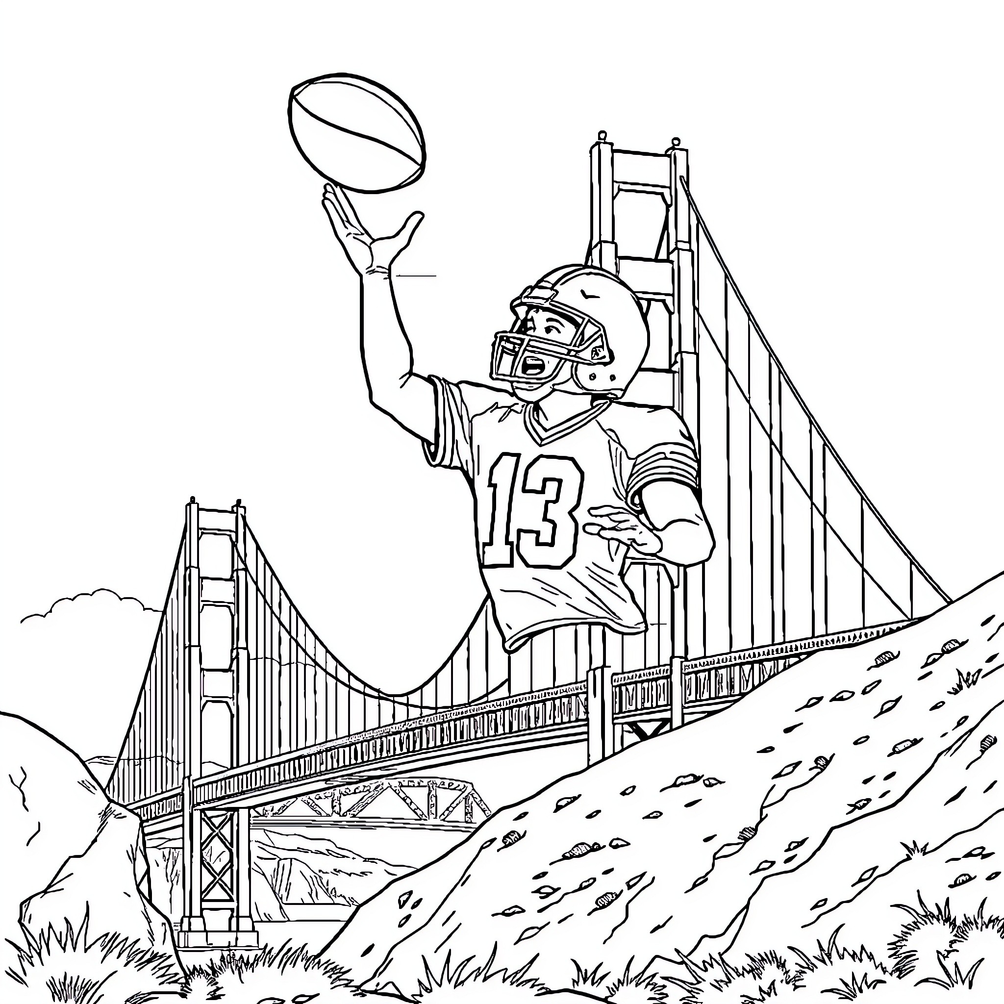 Brock Purdy Touchdown Celebration on the Golden Gate Bridge Coloring Page (free black-and-white line drawing printable PDF for all, from beginners to advanced learners, including children, teens, adults, and seniors)