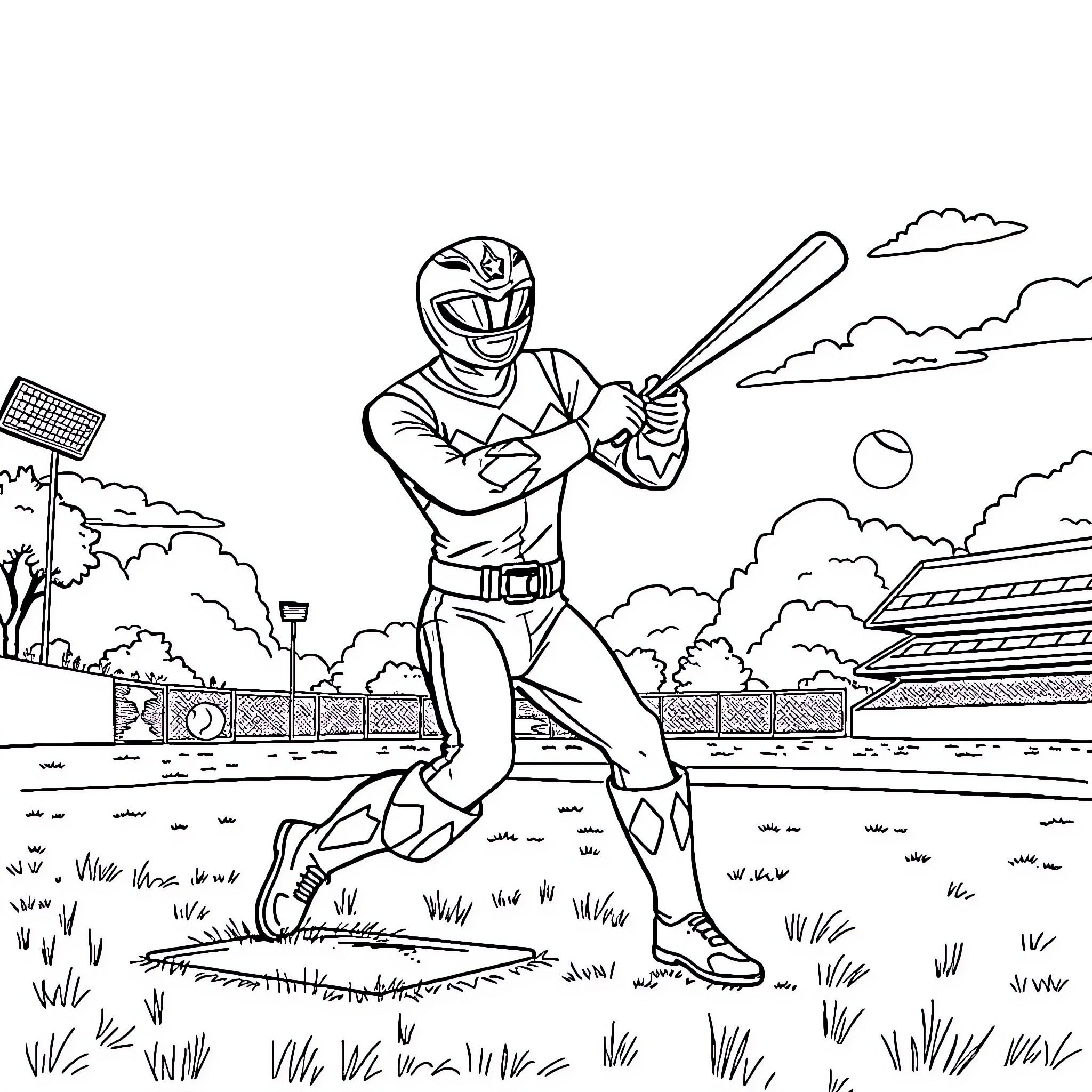 Power Ranger Baseball Player Batting on Field Coloring Page (free black-and-white line drawing printable PDF for all, from beginners to advanced learners, including children, teens, adults, and seniors)