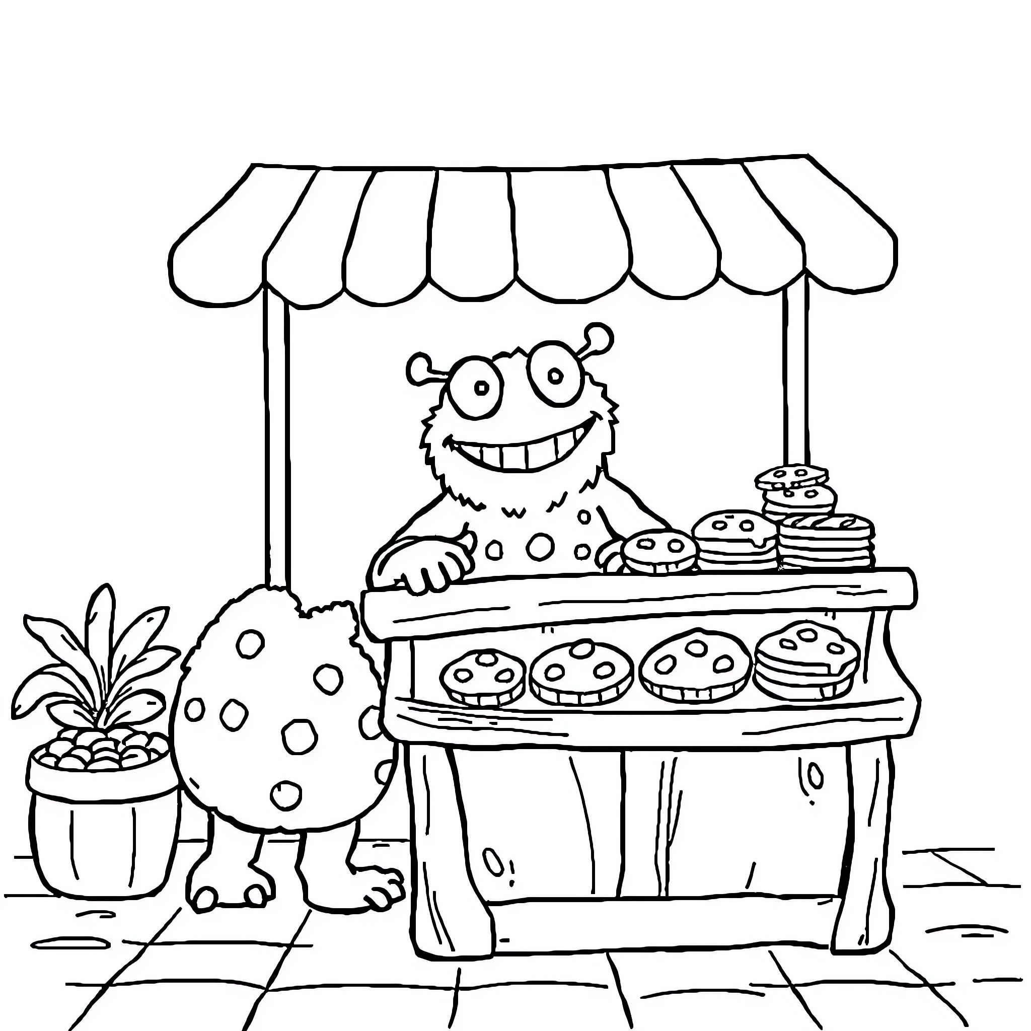Labubu's Charming Food Cart Adventure Coloring Page (free black-and-white line drawing printable PDF for all, from beginners to advanced learners, including children, teens, adults, and seniors)