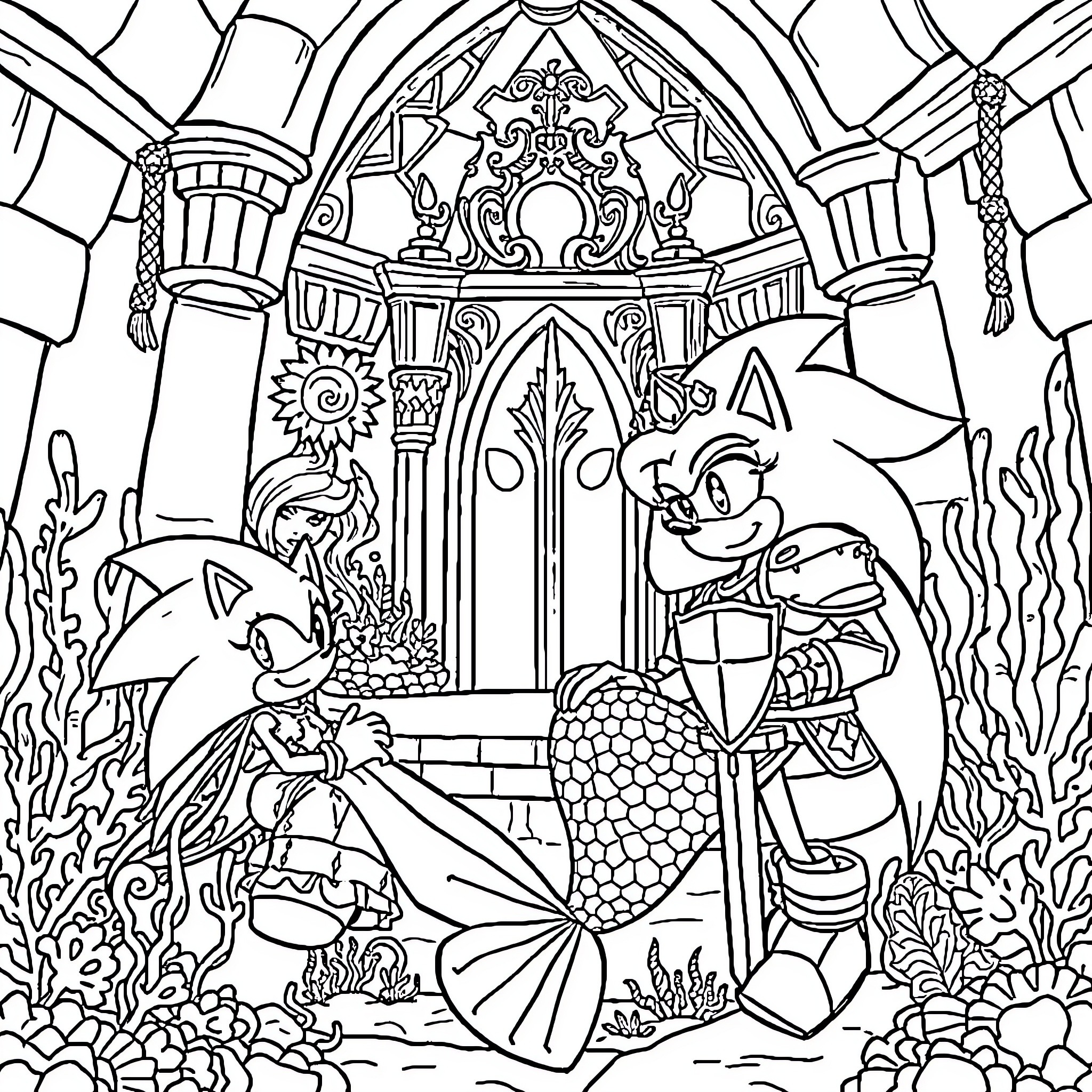 Mermaid and friends exploring an ornate underwater castle Coloring Page (free black-and-white line drawing printable PDF for all, from beginners to advanced learners, including children, teens, adults, and seniors)