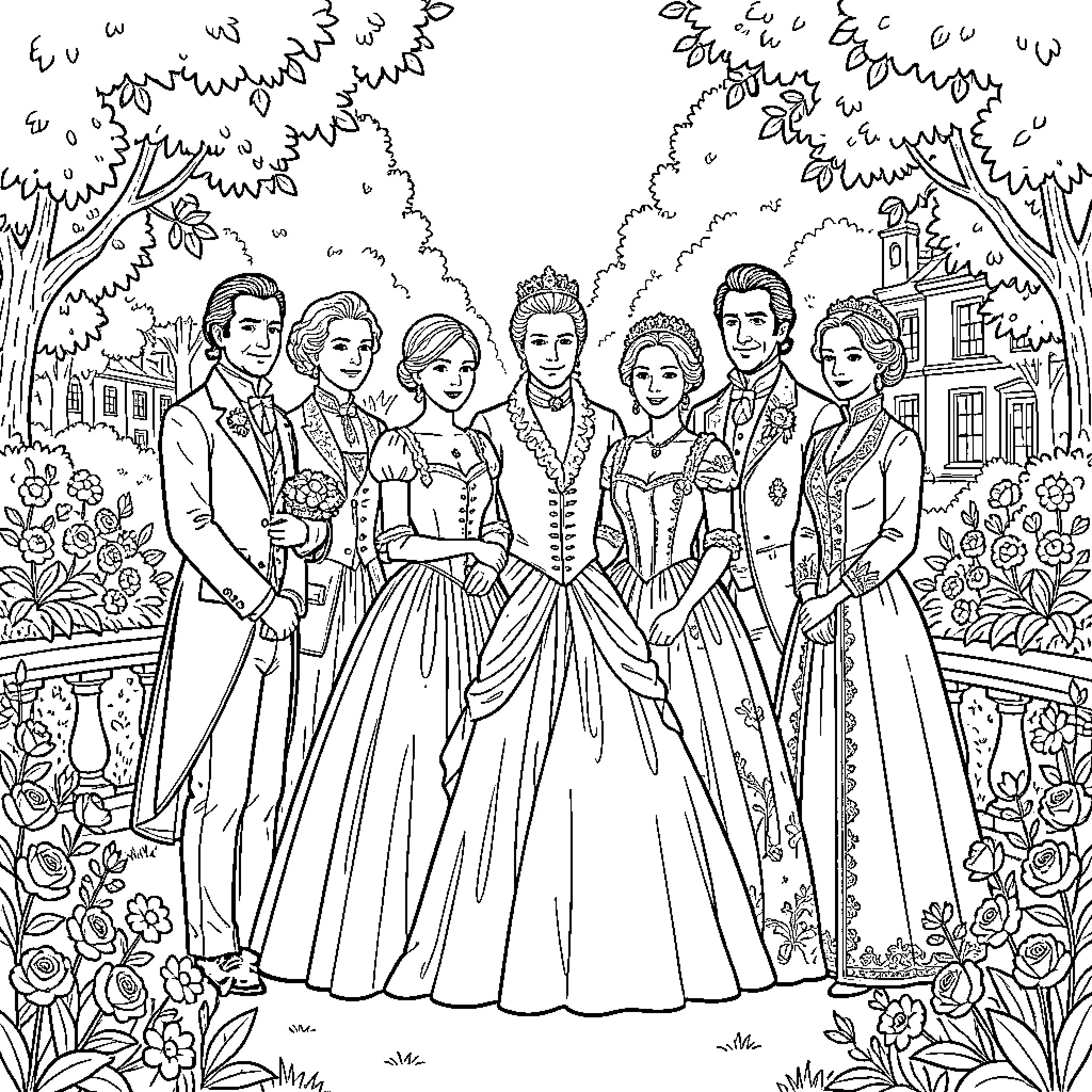 Bridgerton Family Portrait in Elegant Regency Attire Coloring Page (free black-and-white line drawing printable PDF for all, from beginners to advanced learners, including children, teens, adults, and seniors)