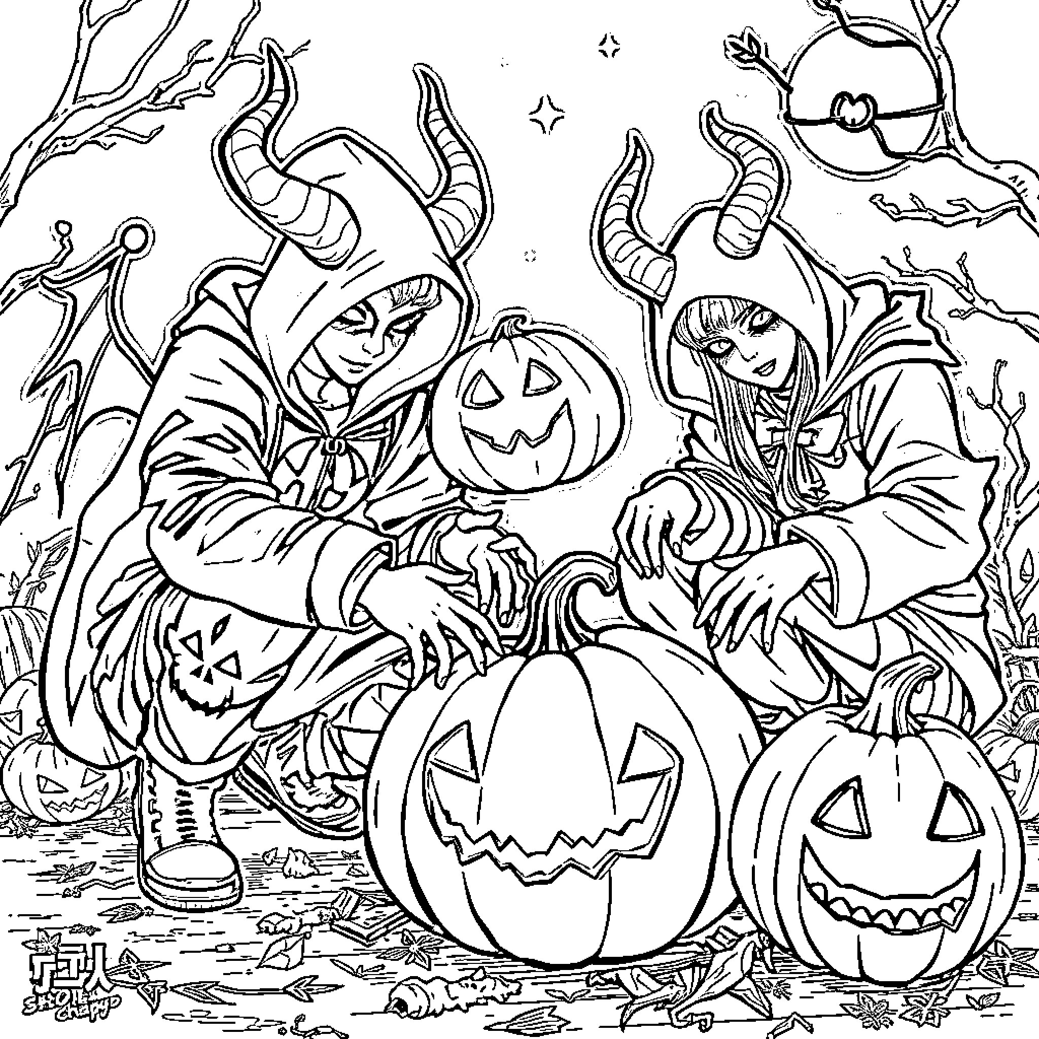 Demon Hunters Celebrate Halloween in the Forest Coloring Page (free black-and-white line drawing printable PDF for all, from beginners to advanced learners, including children, teens, adults, and seniors)