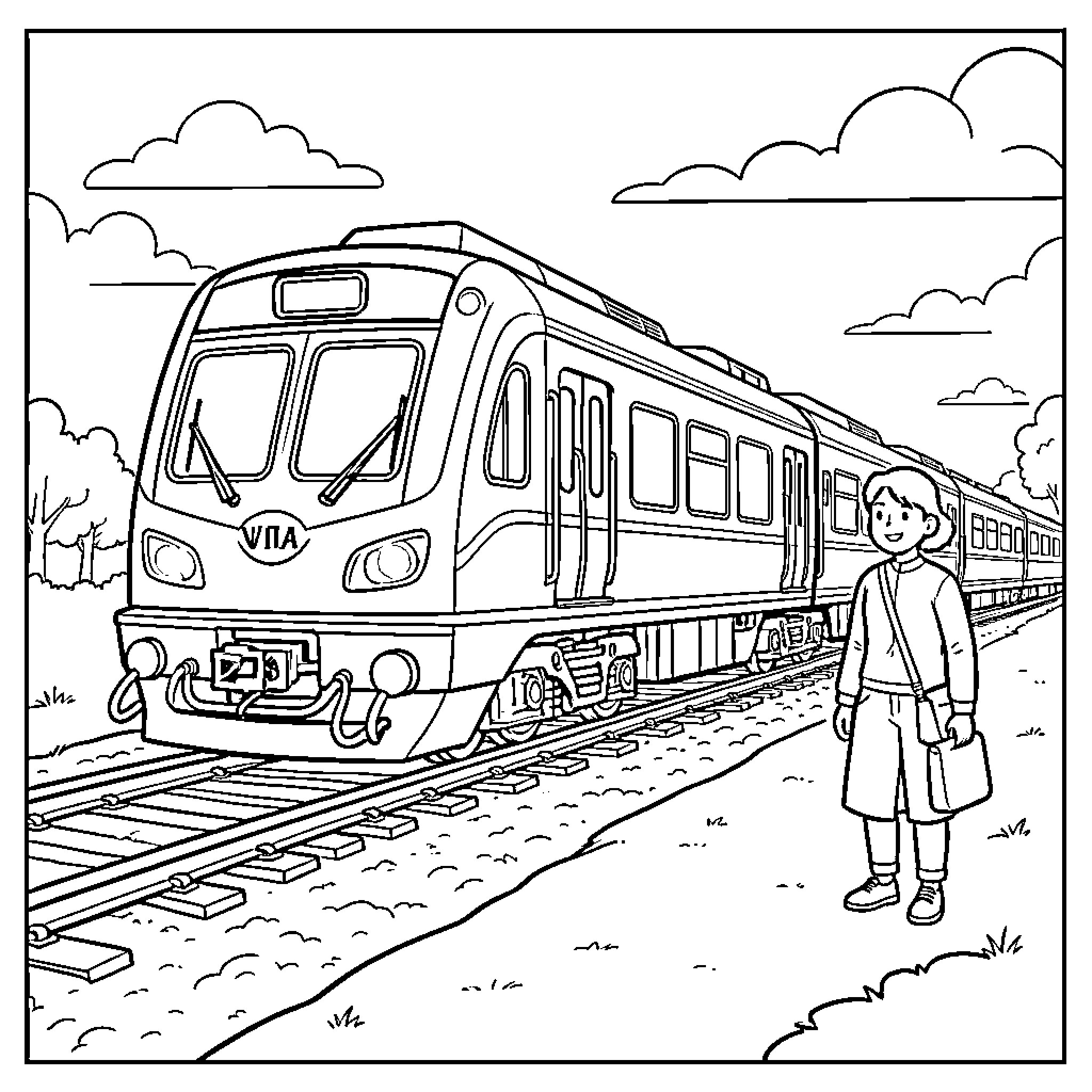 Train passing by a smiling young girl Coloring Page (free black-and-white line drawing printable PDF for all, from beginners to advanced learners, including children, teens, adults, and seniors)