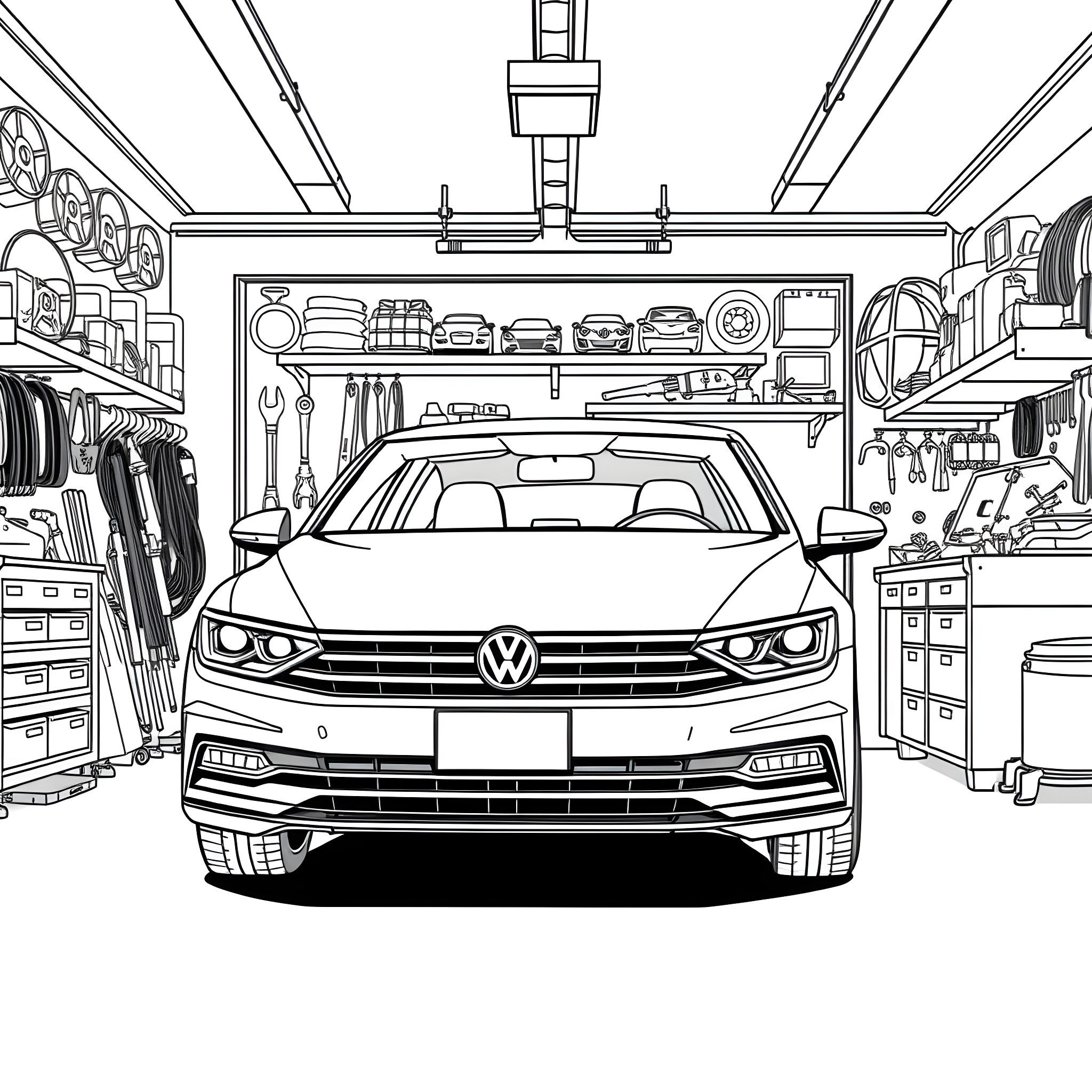Volkswagen Passat in a cluttered garage workshop Coloring Page (free black-and-white line drawing printable PDF for all, from beginners to advanced learners, including children, teens, adults, and seniors)