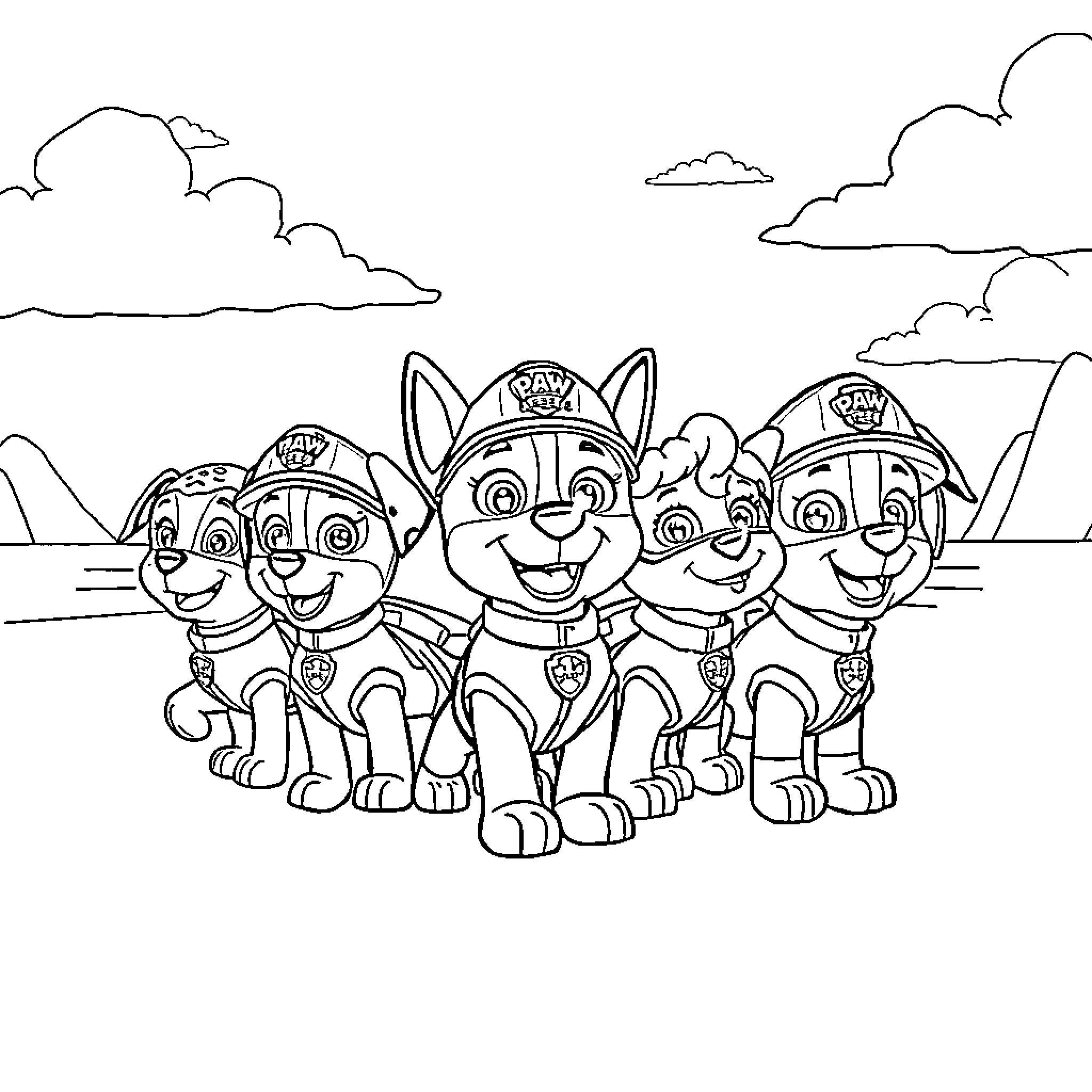 Paw Patrol team on duty in the clouds Coloring Page (free black-and-white line drawing printable PDF for all, from beginners to advanced learners, including children, teens, adults, and seniors)