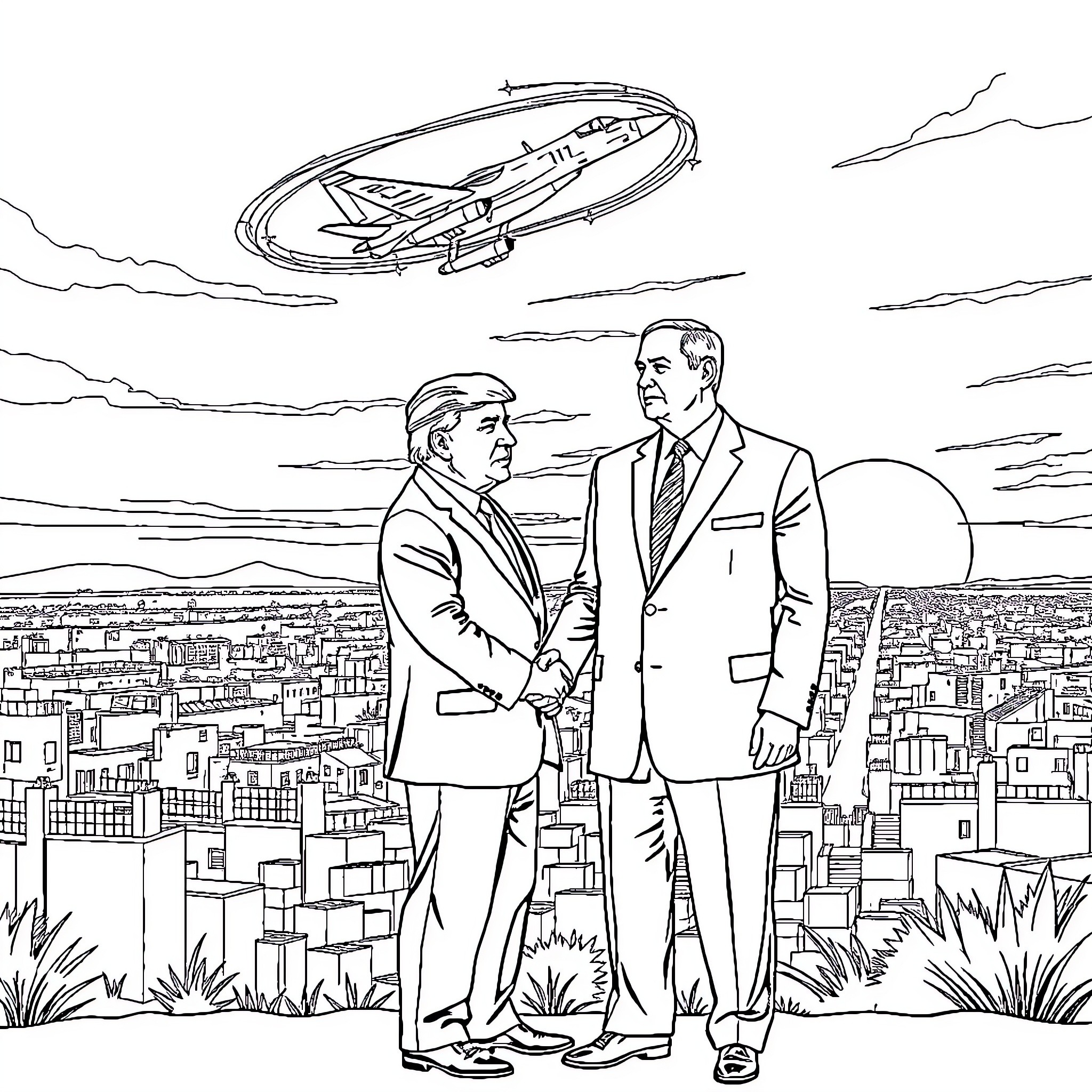 Trump Shaking Hands with Politician in Front of City Skyline Coloring Page (free black-and-white line drawing printable PDF for all, from beginners to advanced learners, including children, teens, adults, and seniors)