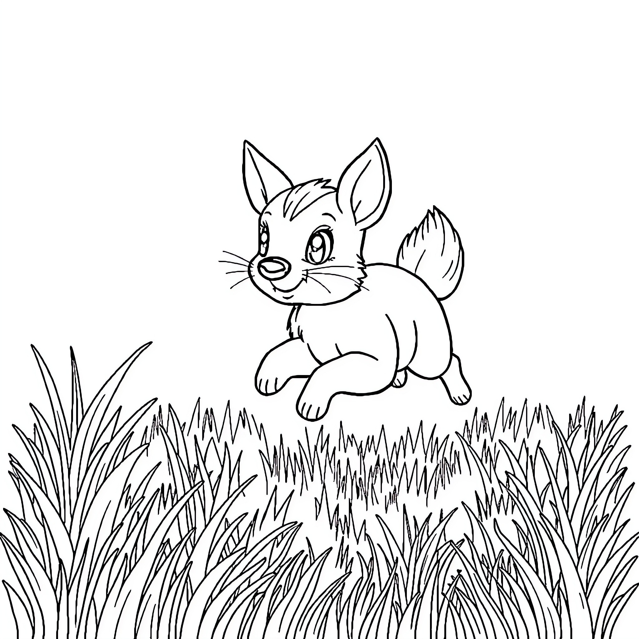 Animal jumping playfully in the grass Coloring Page (free black-and-white line drawing printable PDF for all, from beginners to advanced learners, including children, teens, adults, and seniors)