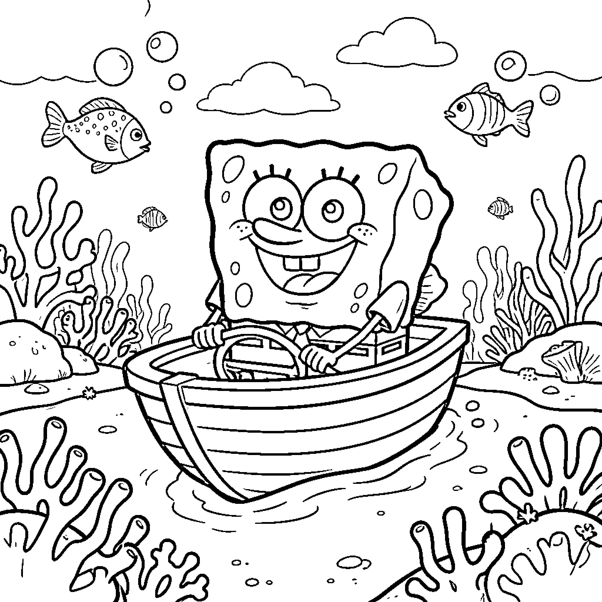 Spongebob smiling while driving a boat underwater Coloring Page (free black-and-white line drawing printable PDF for all, from beginners to advanced learners, including children, teens, adults, and seniors)