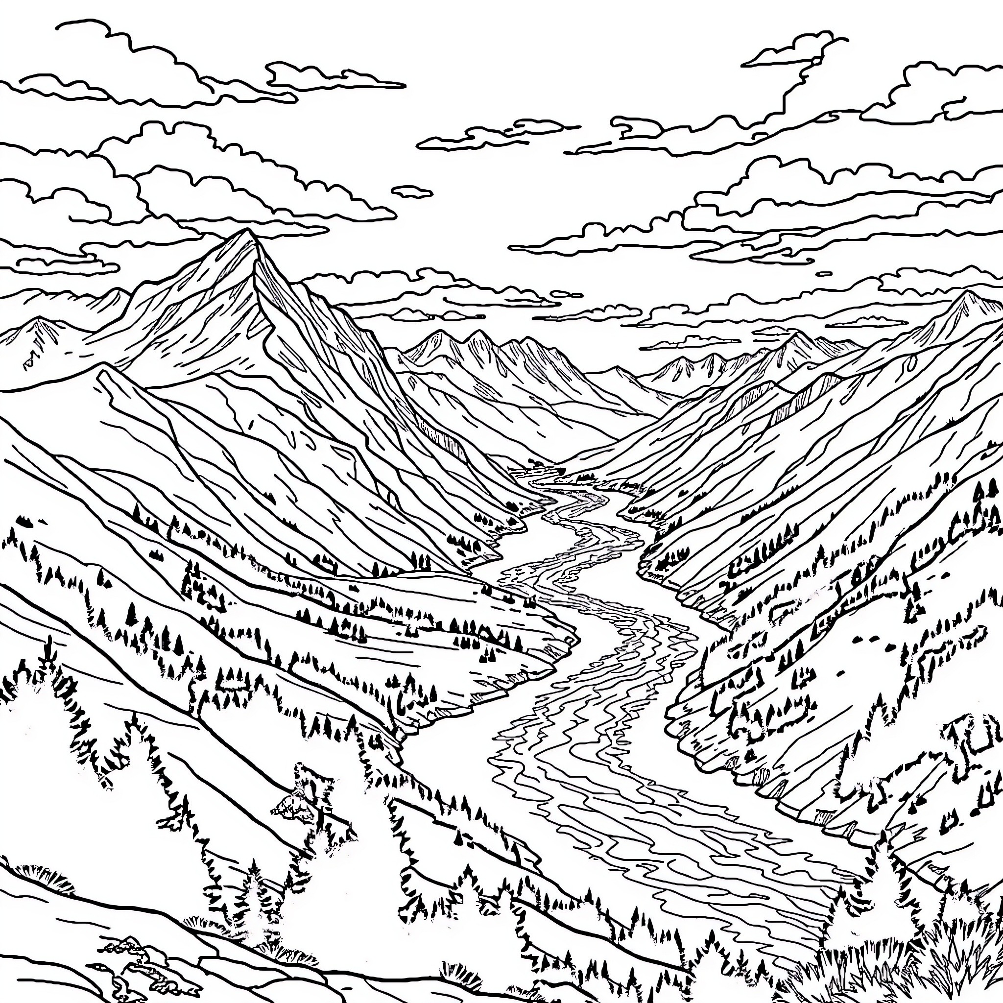 Landscape of majestic mountains and winding river Coloring Page (free black-and-white line drawing printable PDF for all, from beginners to advanced learners, including children, teens, adults, and seniors)