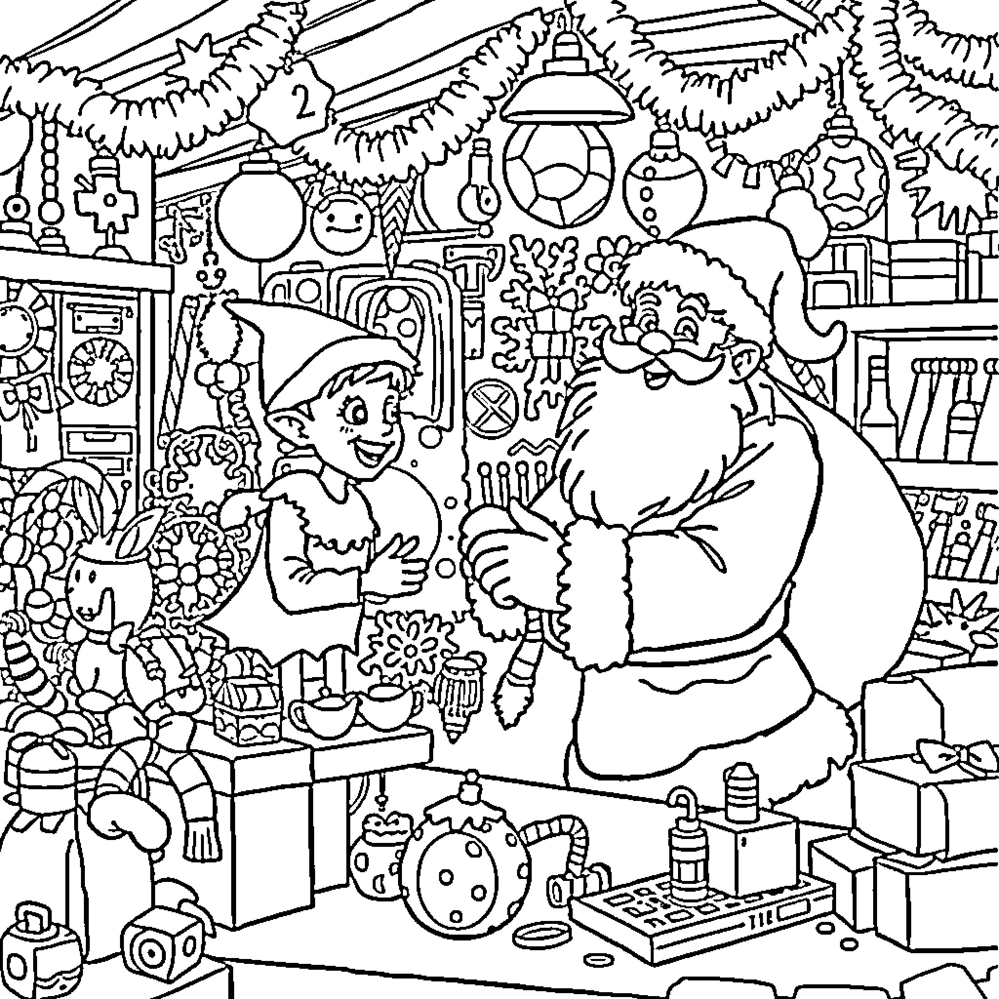 Santa's Festive Workshop Scene with Elves and Toys Coloring Page (free black-and-white line drawing printable PDF for all, from beginners to advanced learners, including children, teens, adults, and seniors)