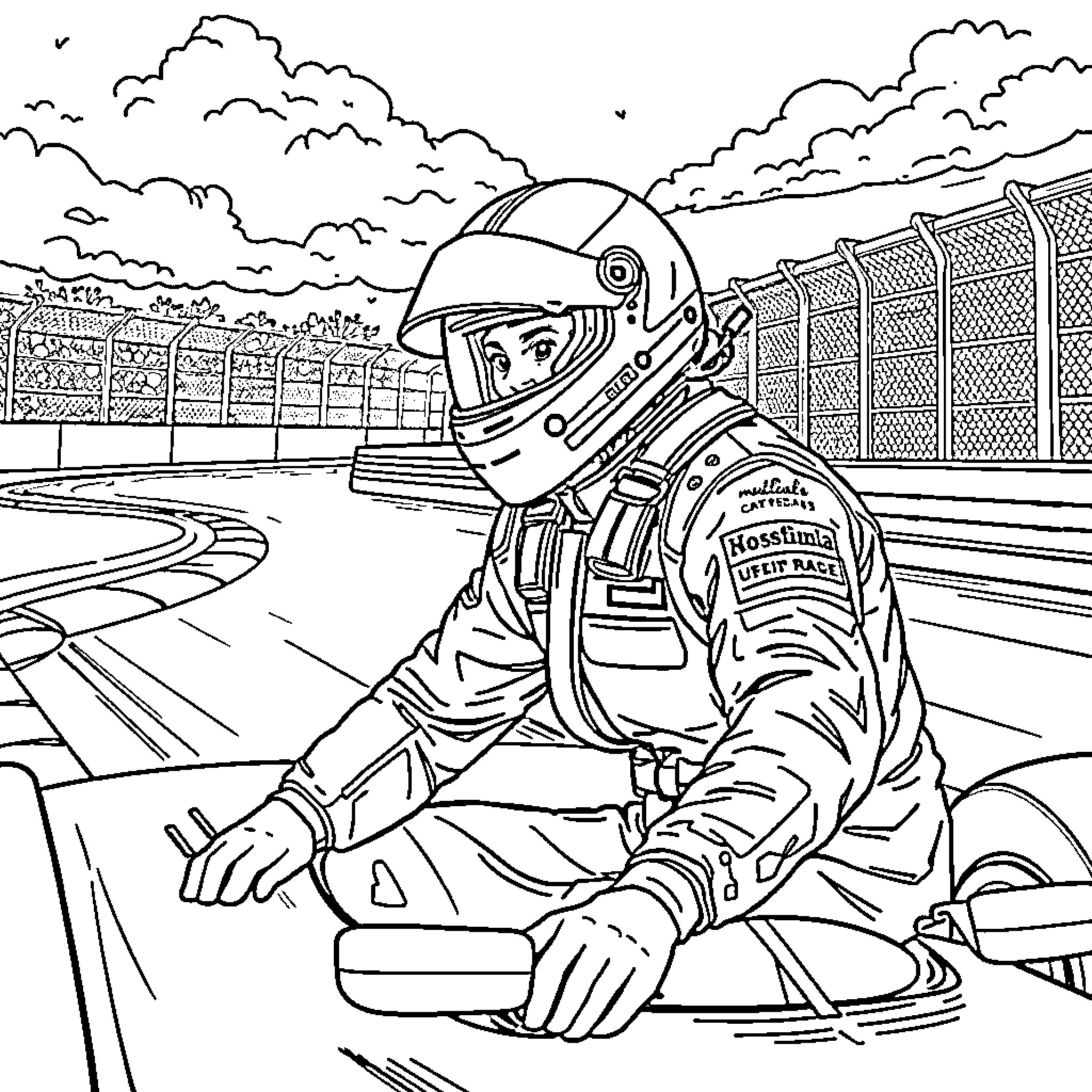 F1 Driver preparing for race on the track Coloring Page (free black-and-white line drawing printable PDF for all, from beginners to advanced learners, including children, teens, adults, and seniors)