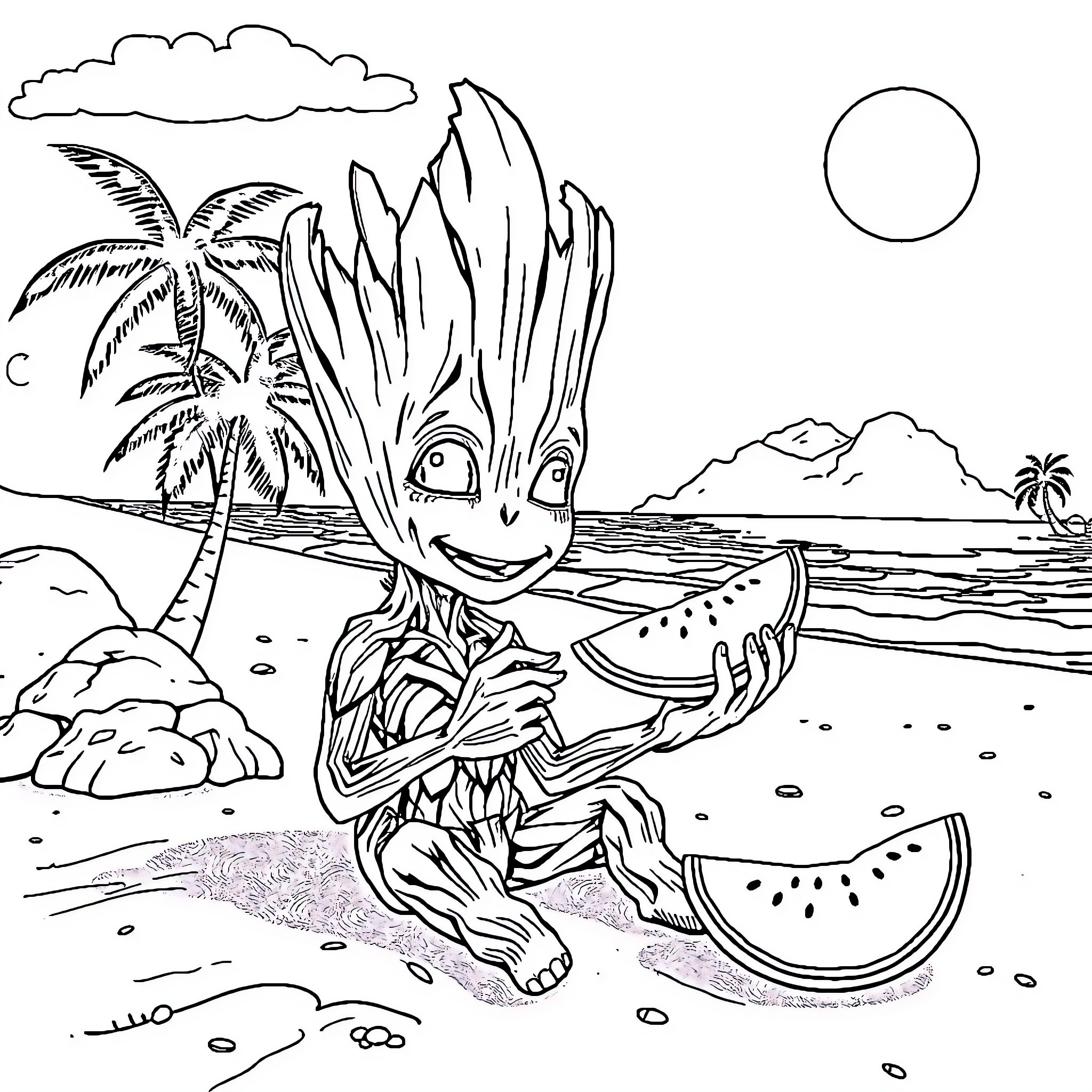 Groot enjoying a watermelon on a tropical beach Coloring Page (free black-and-white line drawing printable PDF for all, from beginners to advanced learners, including children, teens, adults, and seniors)