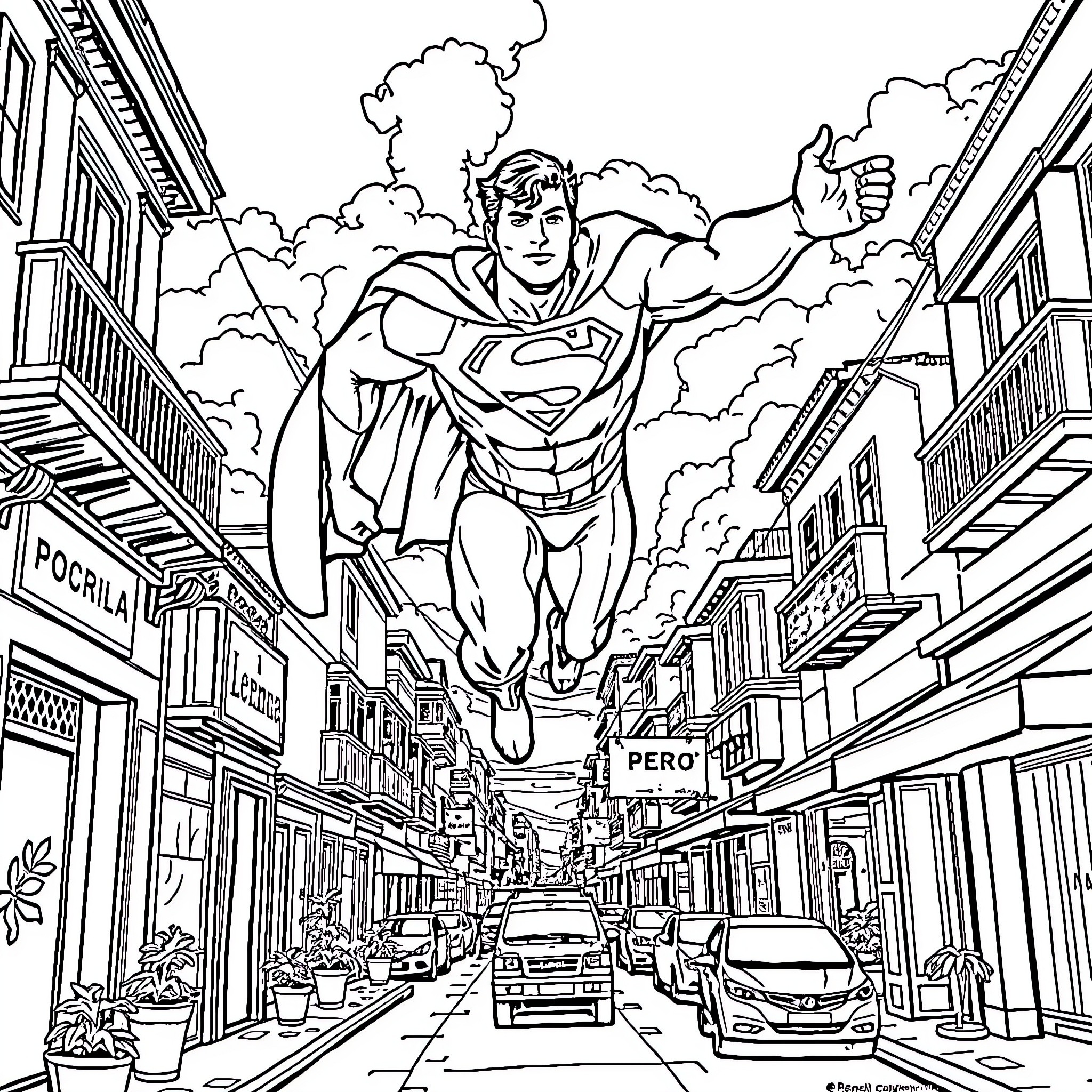 Superman soaring above the bustling city streets Coloring Page (free black-and-white line drawing printable PDF for all, from beginners to advanced learners, including children, teens, adults, and seniors)