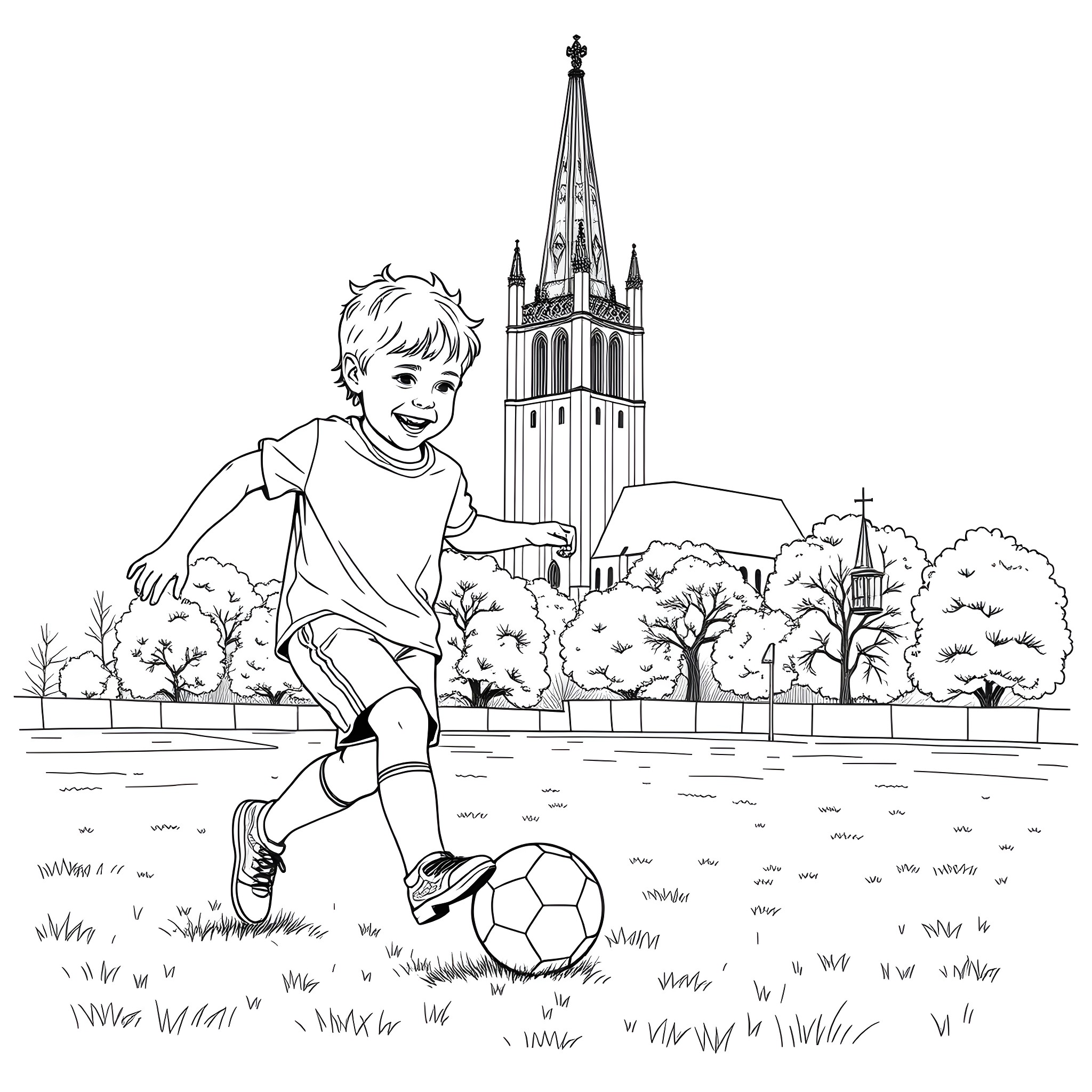Kid playing soccer in a park with a church Coloring Page (free black-and-white line drawing printable PDF for all, from beginners to advanced learners, including children, teens, adults, and seniors)