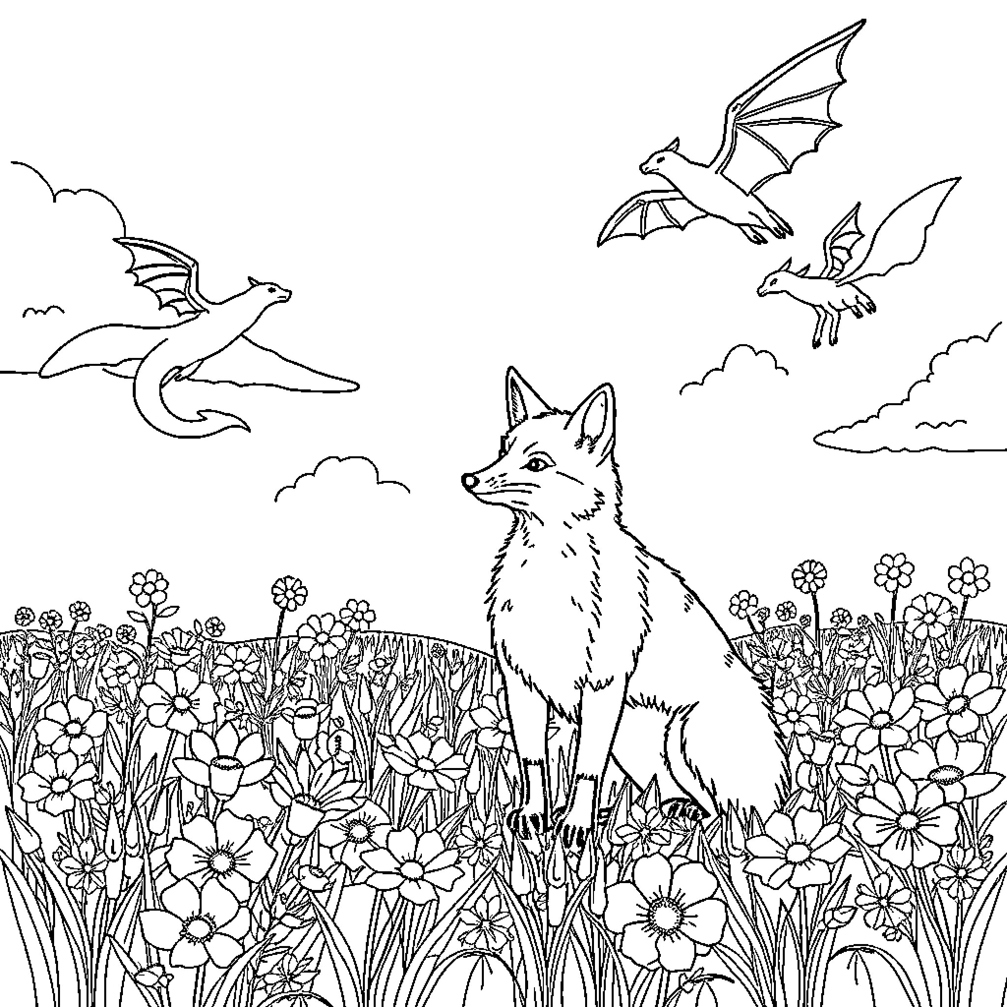 Fox exploring enchanted meadow with flying dragons Coloring Page (free black-and-white line drawing printable PDF for all, from beginners to advanced learners, including children, teens, adults, and seniors)
