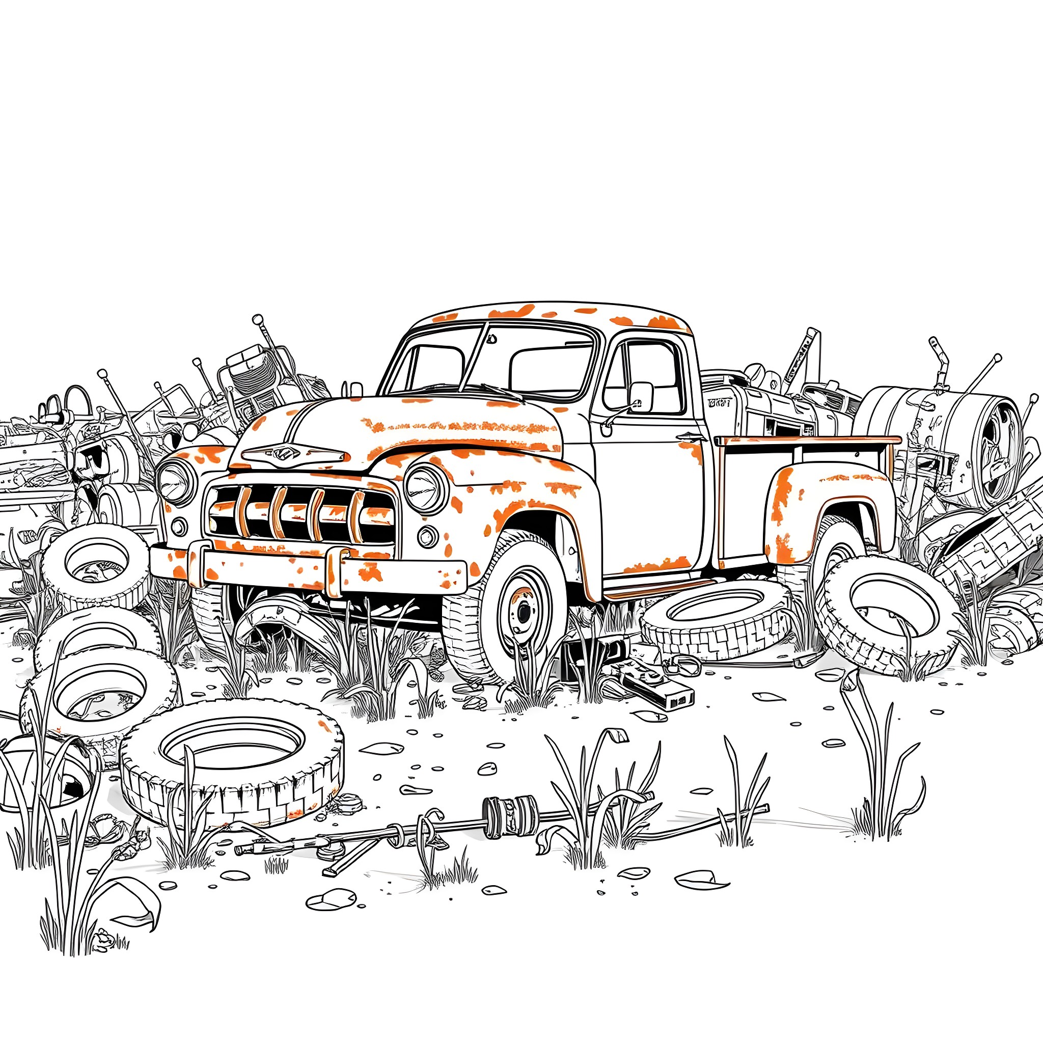 Pick Up Truck Surrounded by Automotive Parts Coloring Page (free black-and-white line drawing printable PDF for all, from beginners to advanced learners, including children, teens, adults, and seniors)