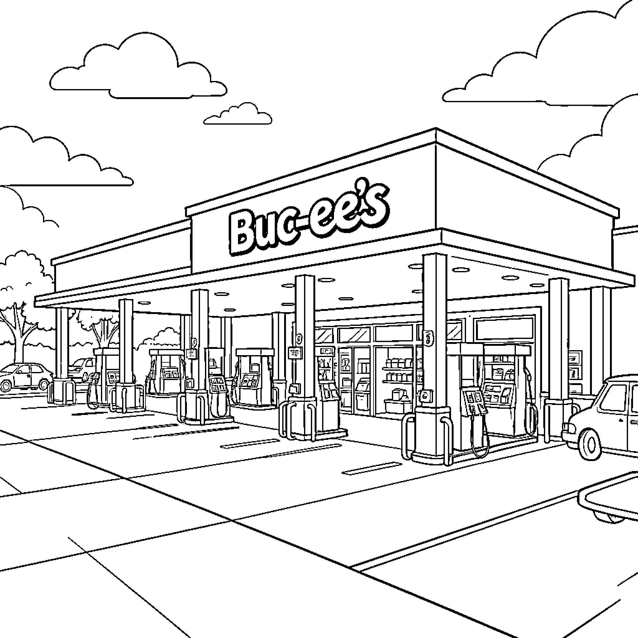 Buc-ee's gas station with fuel pumps and cars Coloring Page (free black-and-white line drawing printable PDF for all, from beginners to advanced learners, including children, teens, adults, and seniors)