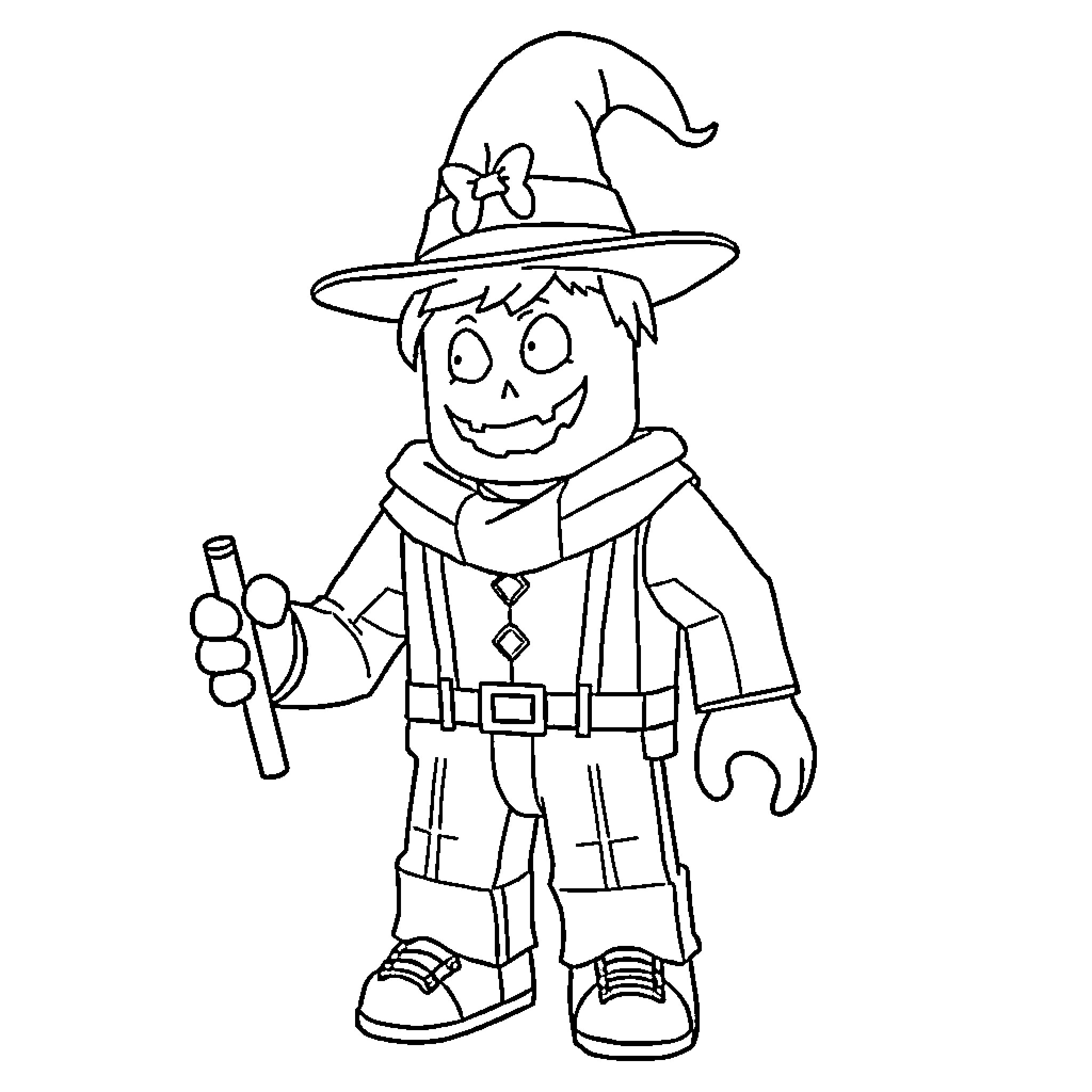 Freddie the Friendly Witch with Wand Coloring Page (free black-and-white line drawing printable PDF for all, from beginners to advanced learners, including children, teens, adults, and seniors)