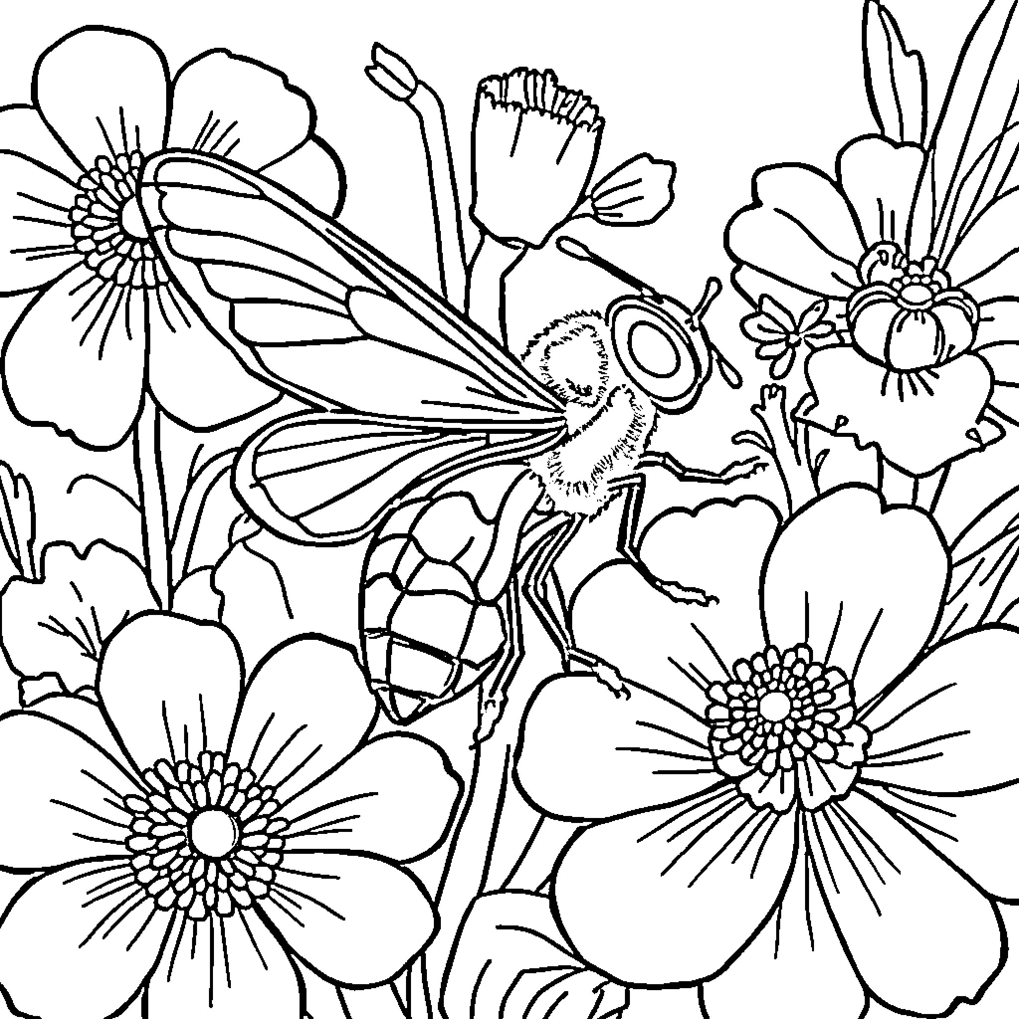 Ajolote amidst vibrant floral scene Coloring Page (free black-and-white line drawing printable PDF for all, from beginners to advanced learners, including children, teens, adults, and seniors)