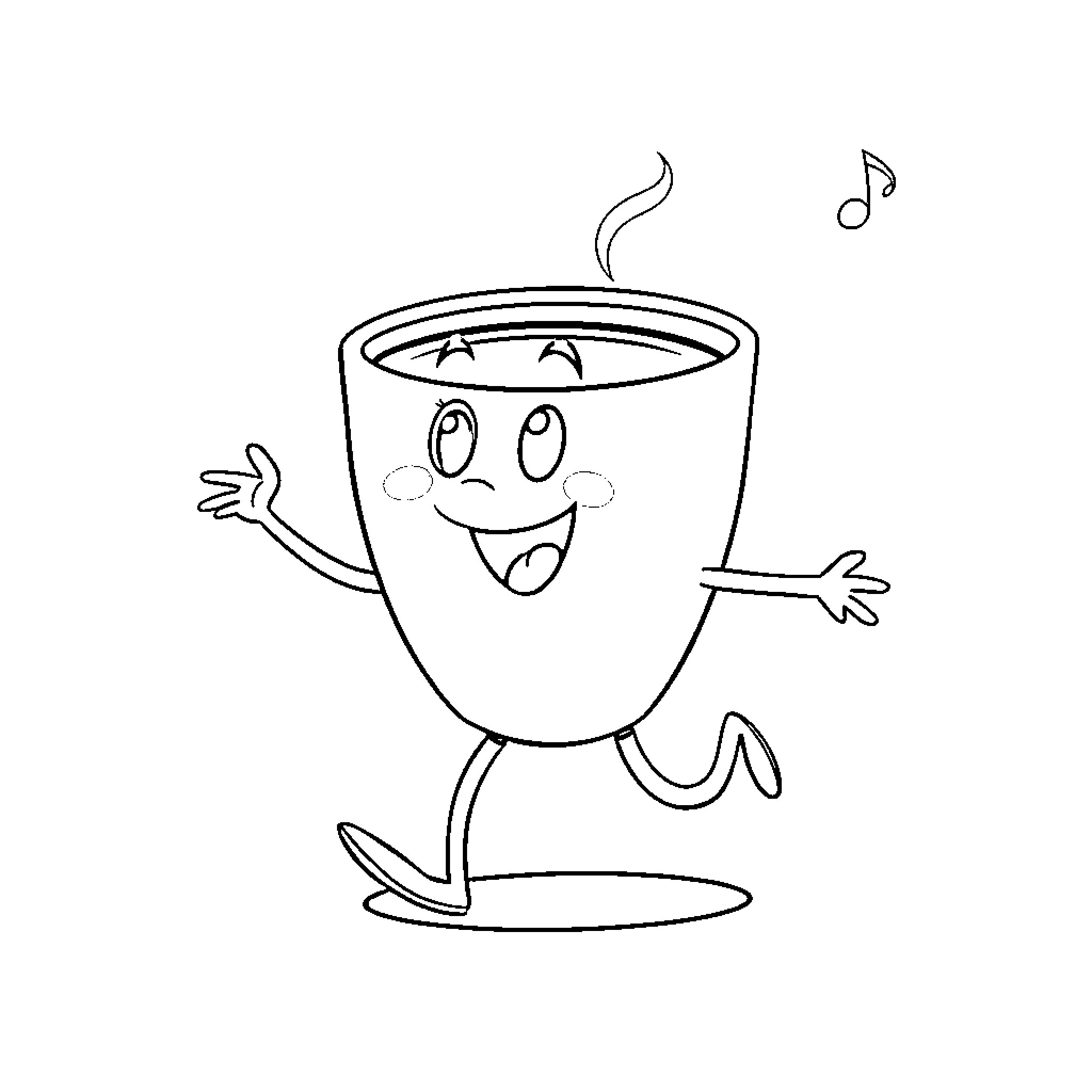 Chai Cup Dancing with Musical Notes Coloring Page (free black-and-white line drawing printable PDF for all, from beginners to advanced learners, including children, teens, adults, and seniors)