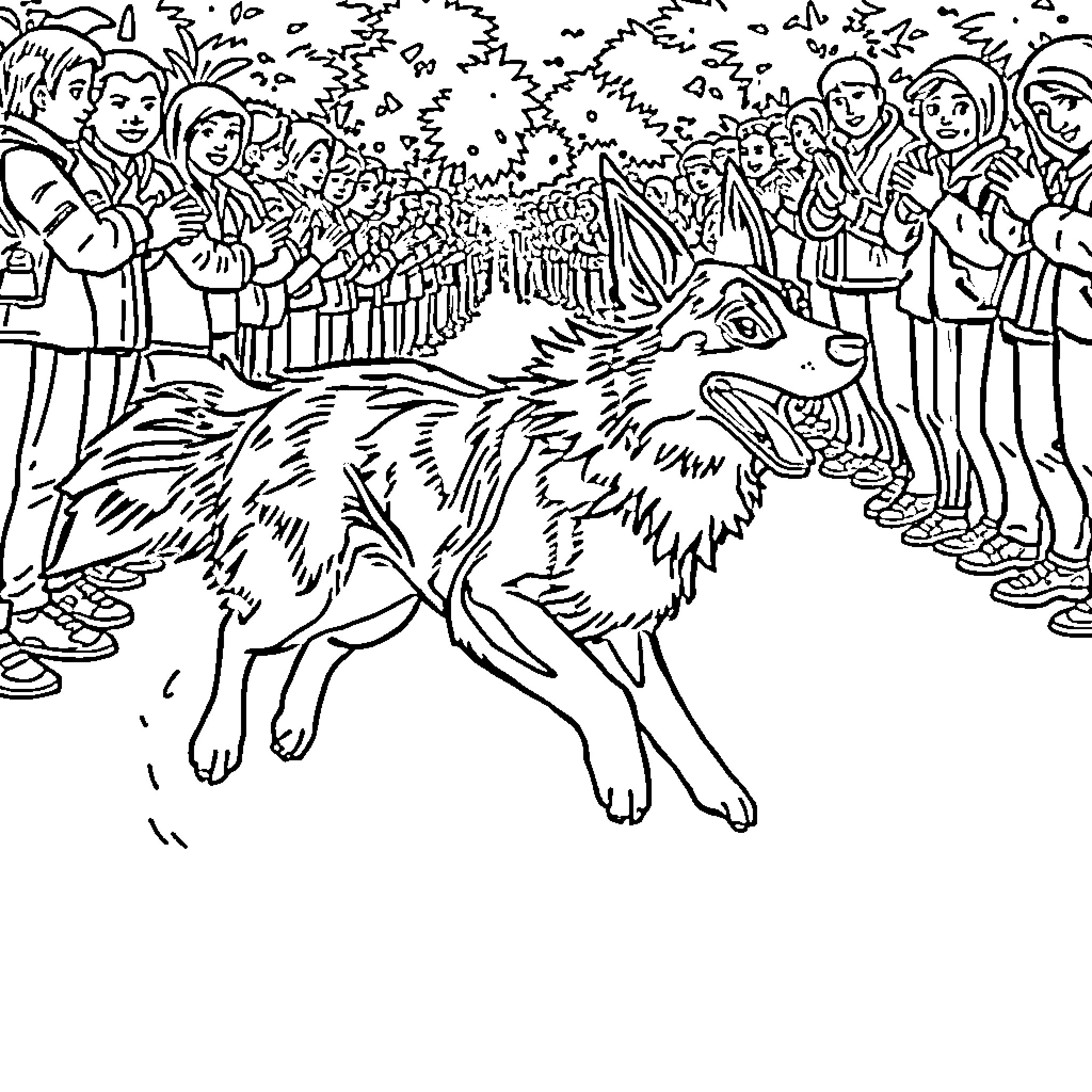 Border Collie Running Amidst a Crowd Coloring Page (free black-and-white line drawing printable PDF for all, from beginners to advanced learners, including children, teens, adults, and seniors)