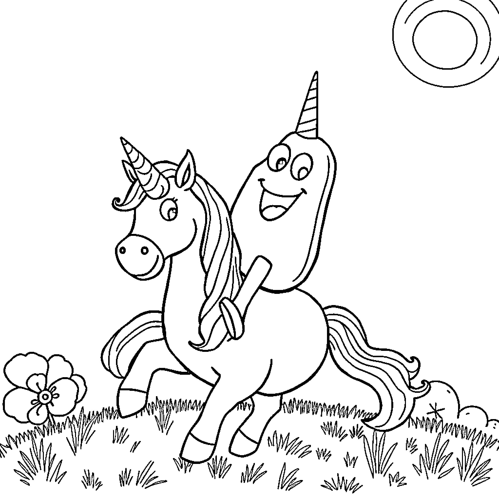 Mr Potato Unicorn and Friend Explore the Meadow Coloring Page (free black-and-white line drawing printable PDF for all, from beginners to advanced learners, including children, teens, adults, and seniors)
