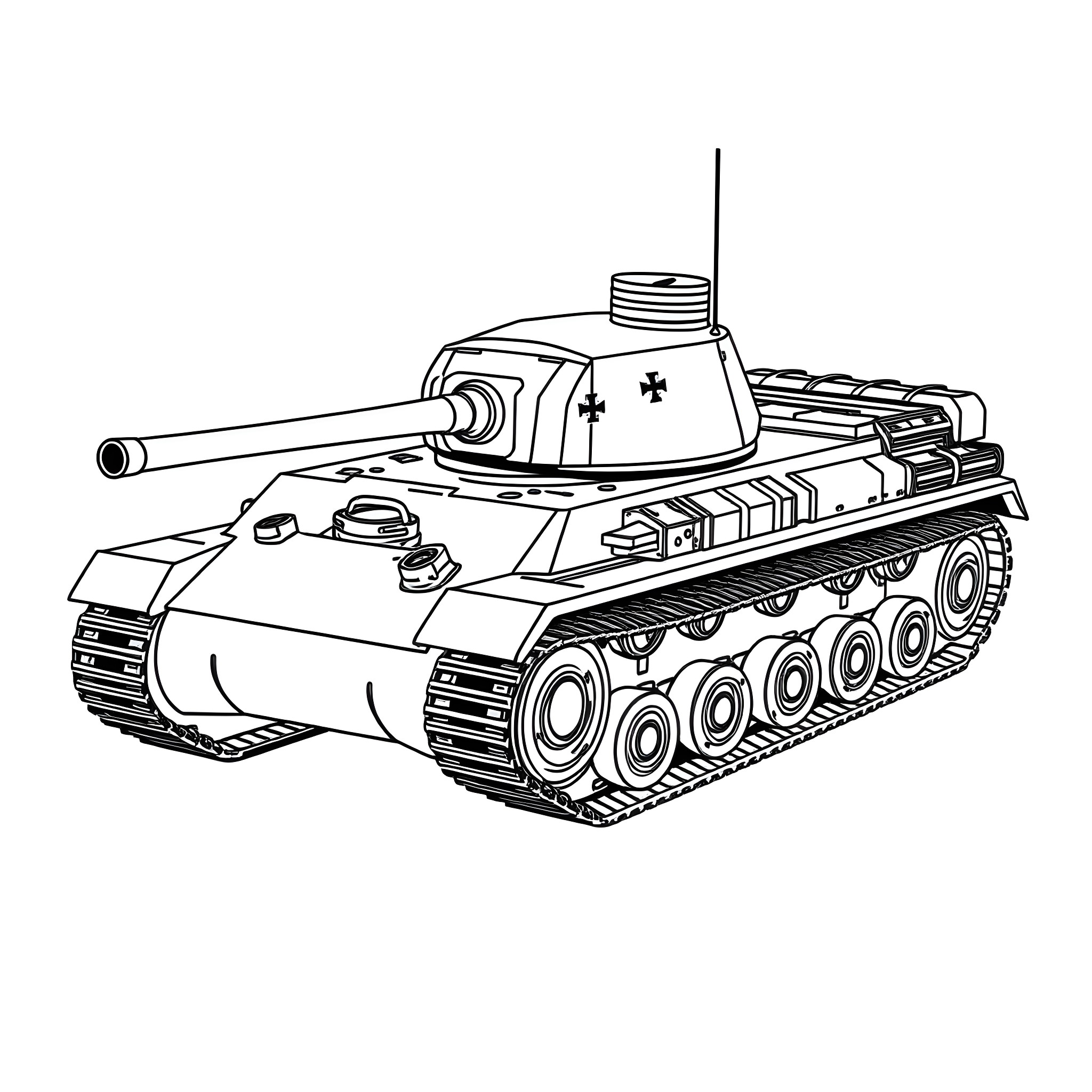 Tank with Distinctive Features Coloring Page (free black-and-white line drawing printable PDF for all, from beginners to advanced learners, including children, teens, adults, and seniors)