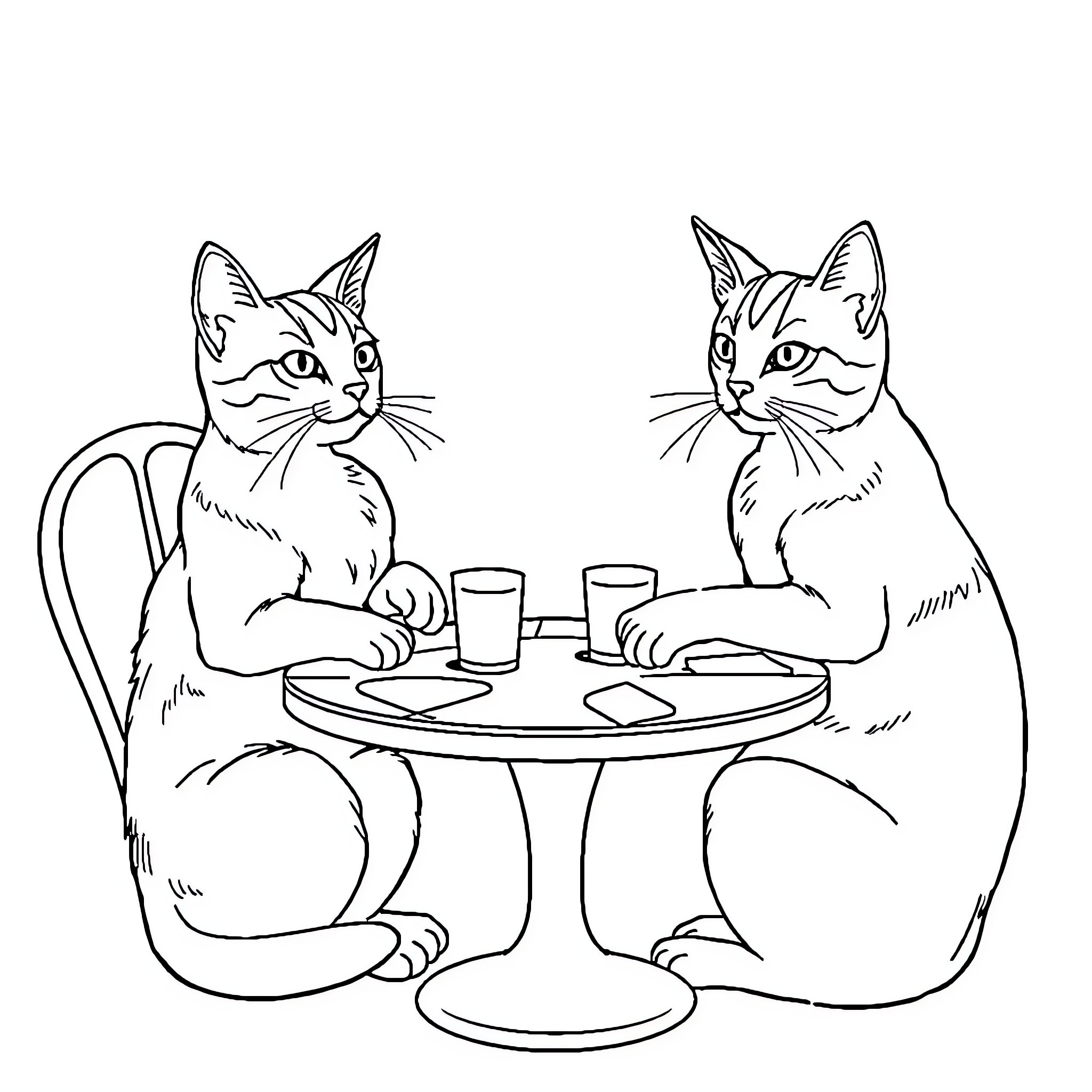 Cats enjoying a meal together Coloring Page (free black-and-white line drawing printable PDF for all, from beginners to advanced learners, including children, teens, adults, and seniors)