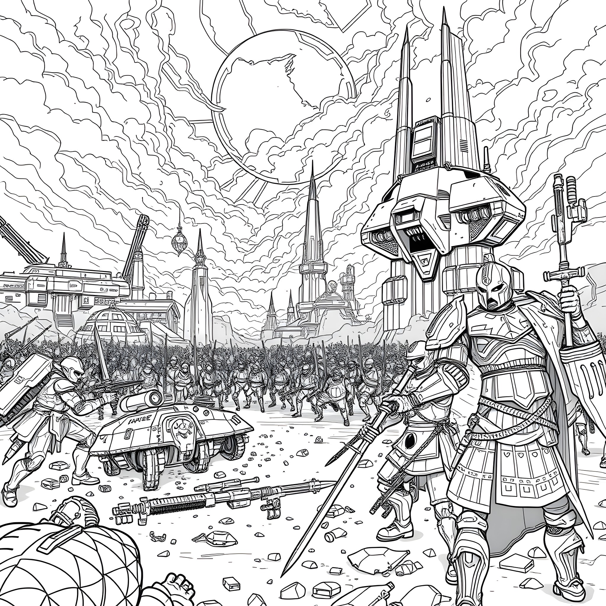 Warhammer 40k: Futuristic Warfare and Conflict Coloring Page (free black-and-white line drawing printable PDF for all, from beginners to advanced learners, including children, teens, adults, and seniors)