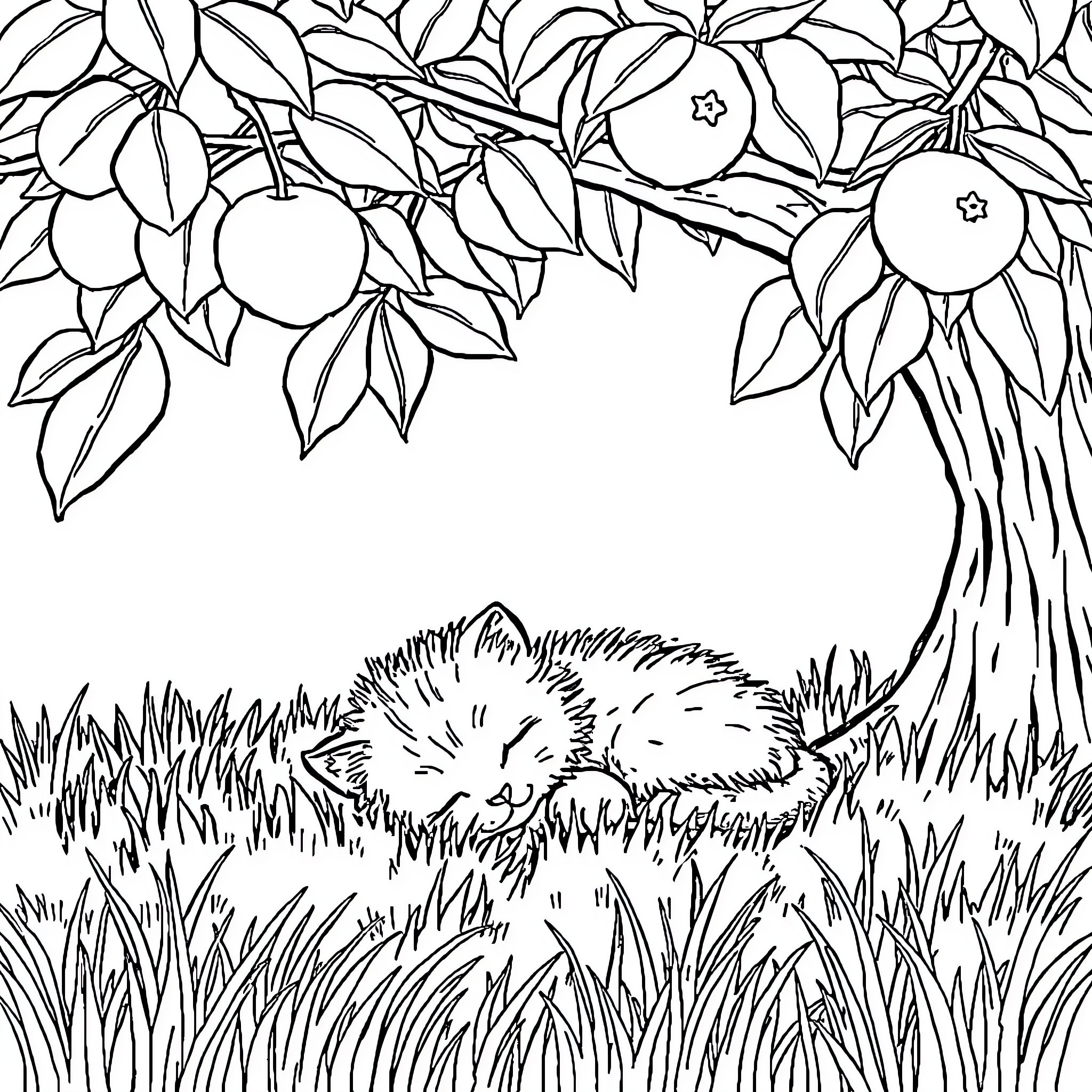 Kitten sleeping peacefully under fruit tree Coloring Page (free black-and-white line drawing printable PDF for all, from beginners to advanced learners, including children, teens, adults, and seniors)