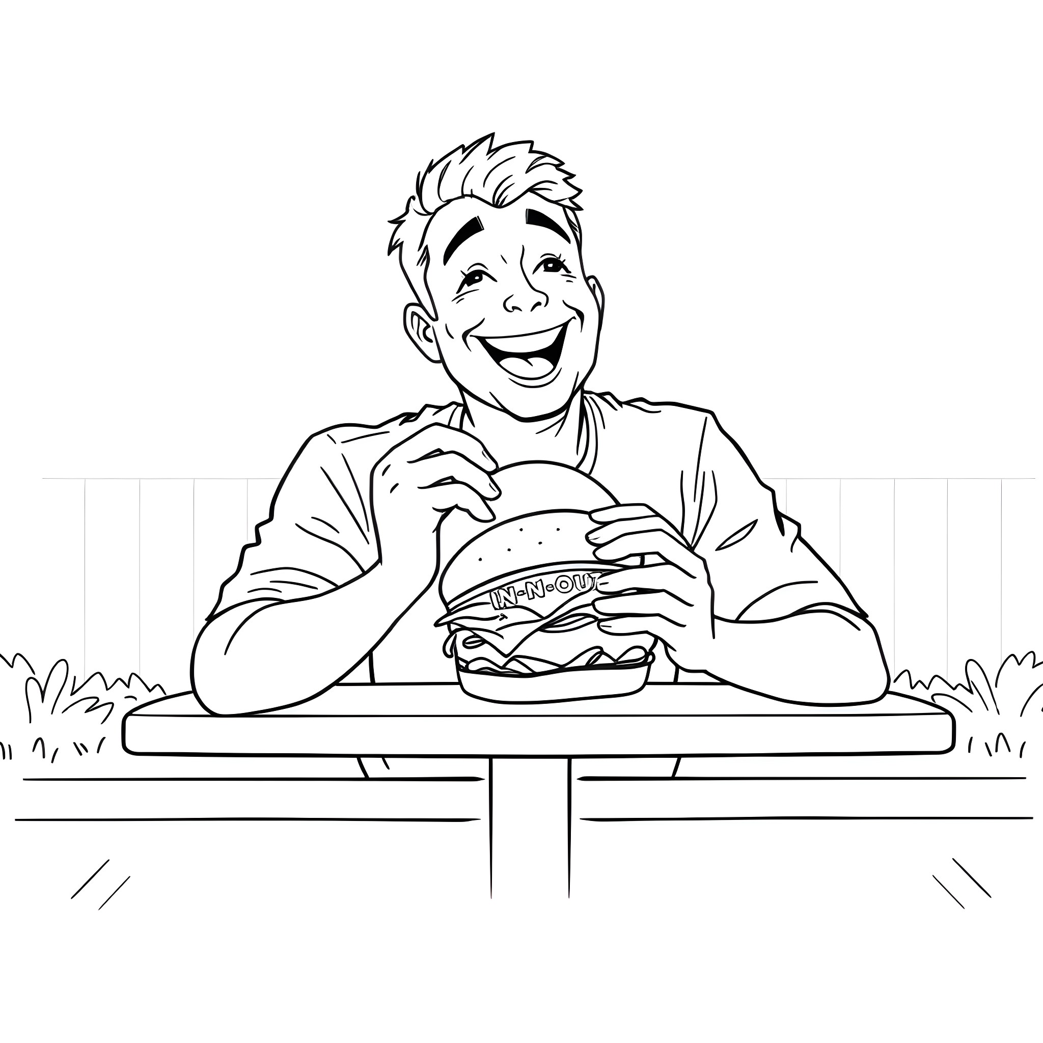 Man eating a tasty burger with delight Coloring Page (free black-and-white line drawing printable PDF for all, from beginners to advanced learners, including children, teens, adults, and seniors)