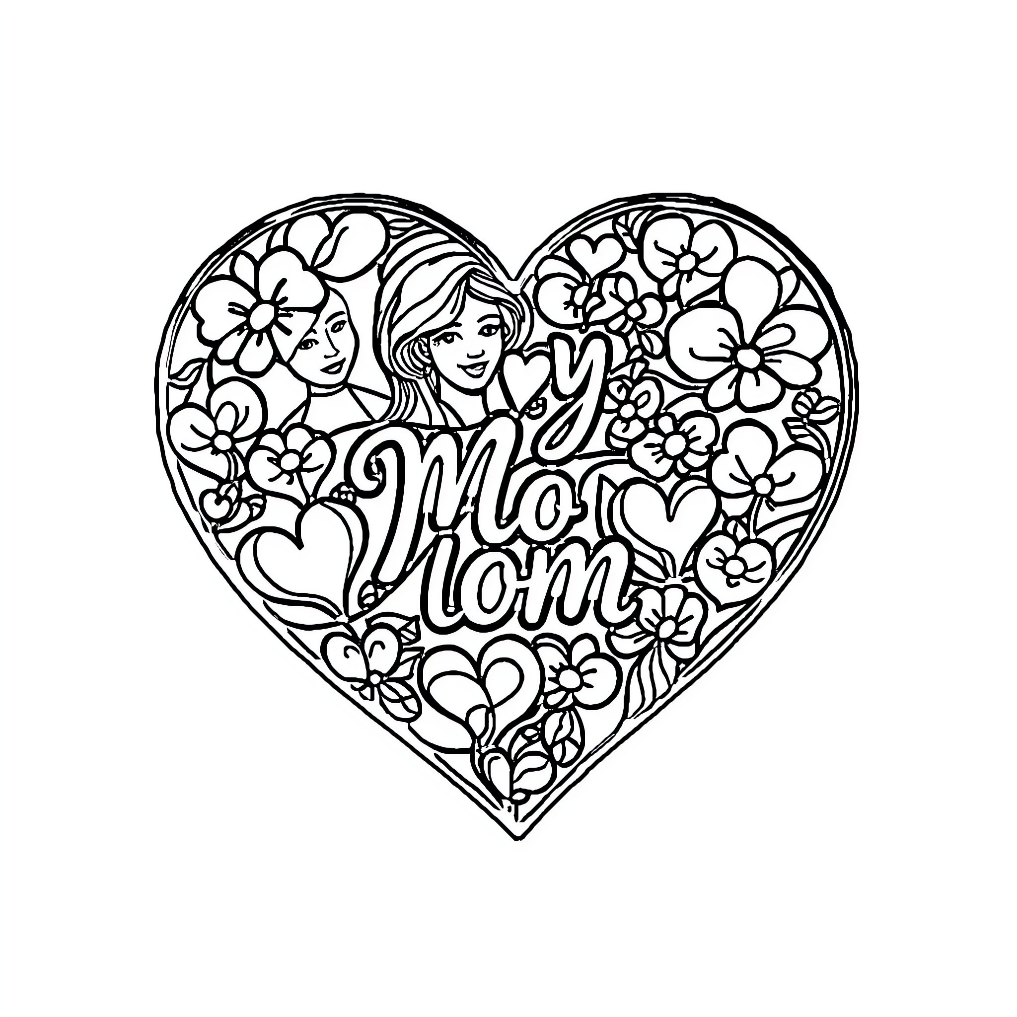 Heart Filled with Floral Expressions for Mom Coloring Page (free black-and-white line drawing printable PDF for all, from beginners to advanced learners, including children, teens, adults, and seniors)