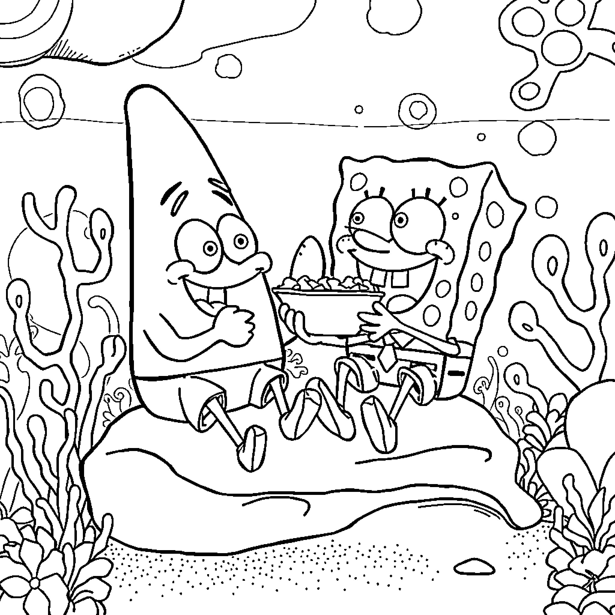 Spongebob's Underwater Adventure with Starfish Friends Coloring Page (free black-and-white line drawing printable PDF for all, from beginners to advanced learners, including children, teens, adults, and seniors)