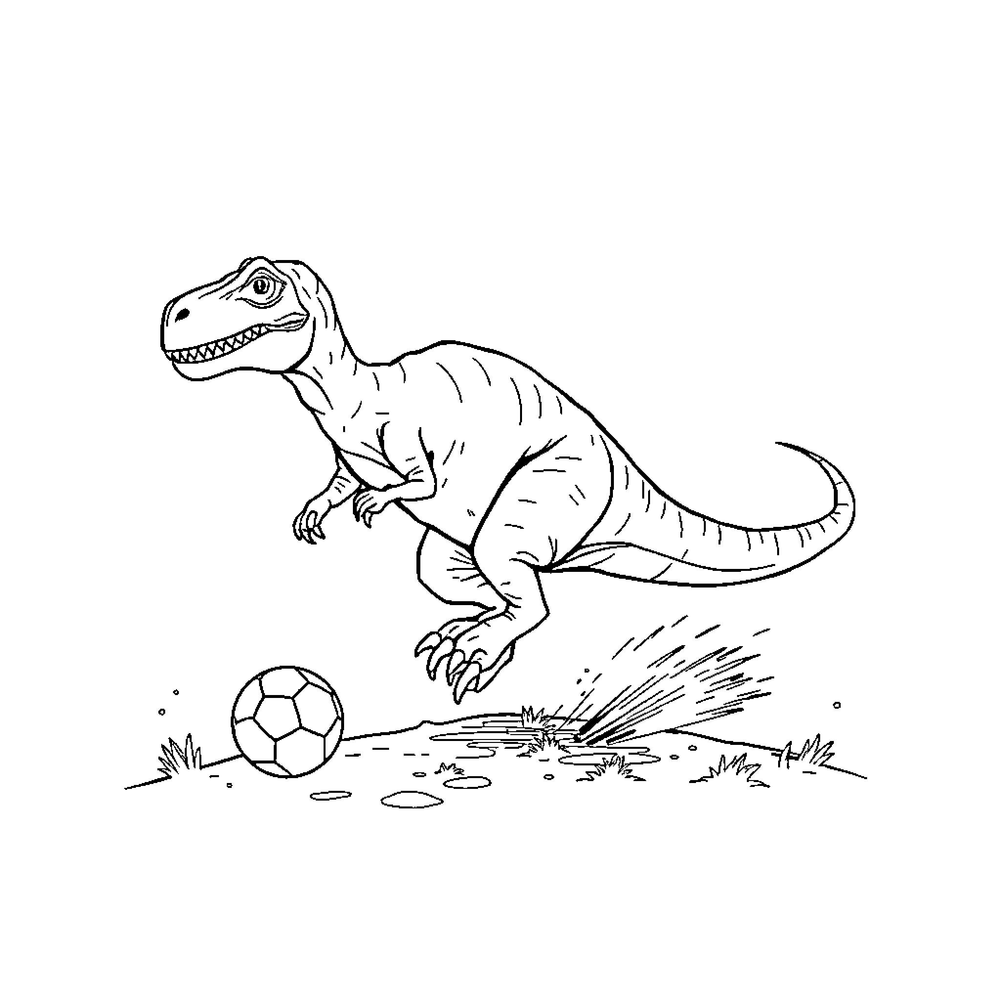 Dinosaur playing soccer on a grassy field Coloring Page (free black-and-white line drawing printable PDF for all, from beginners to advanced learners, including children, teens, adults, and seniors)