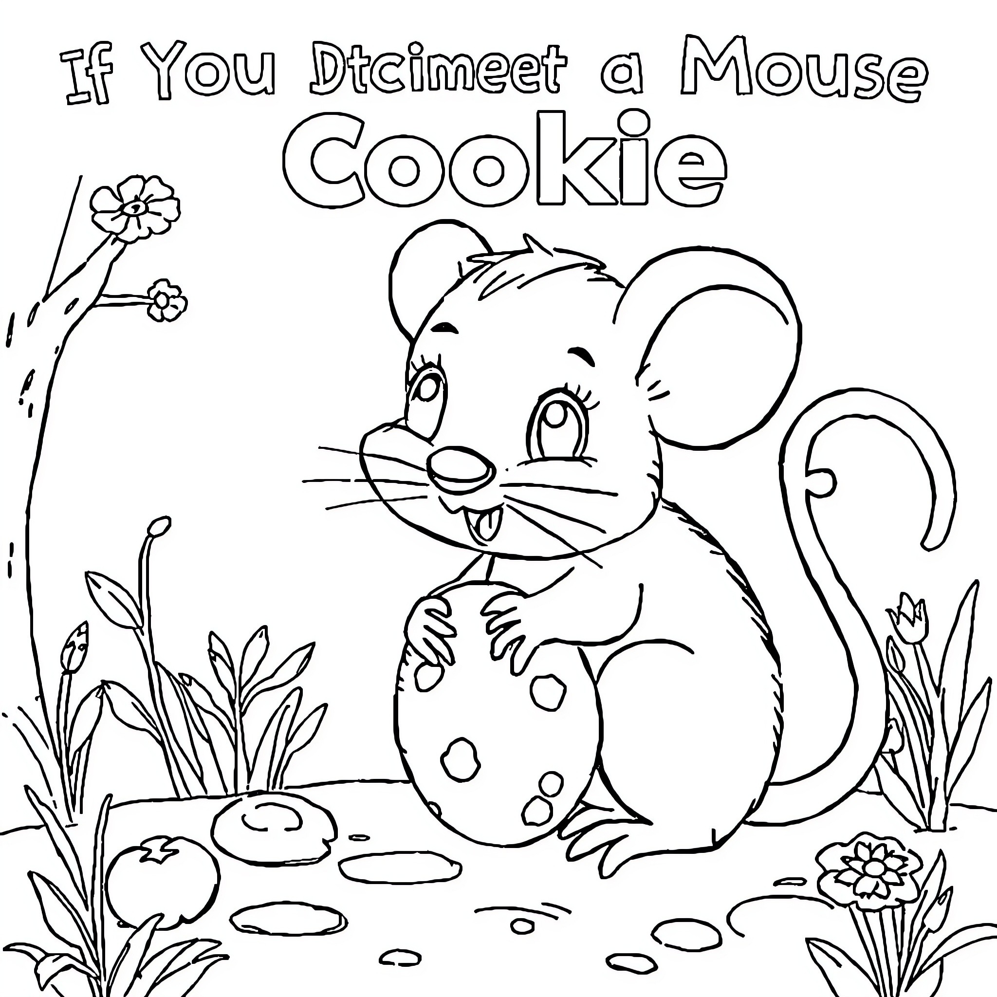 Mouse enjoying a cookie in a floral garden Coloring Page (free black-and-white line drawing printable PDF for all, from beginners to advanced learners, including children, teens, adults, and seniors)