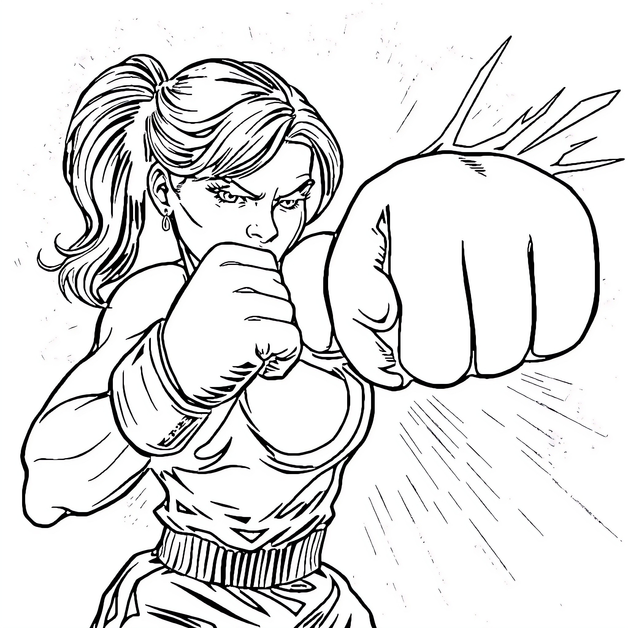 Boxer in intense fighting stance Coloring Page (free black-and-white line drawing printable PDF for all, from beginners to advanced learners, including children, teens, adults, and seniors)